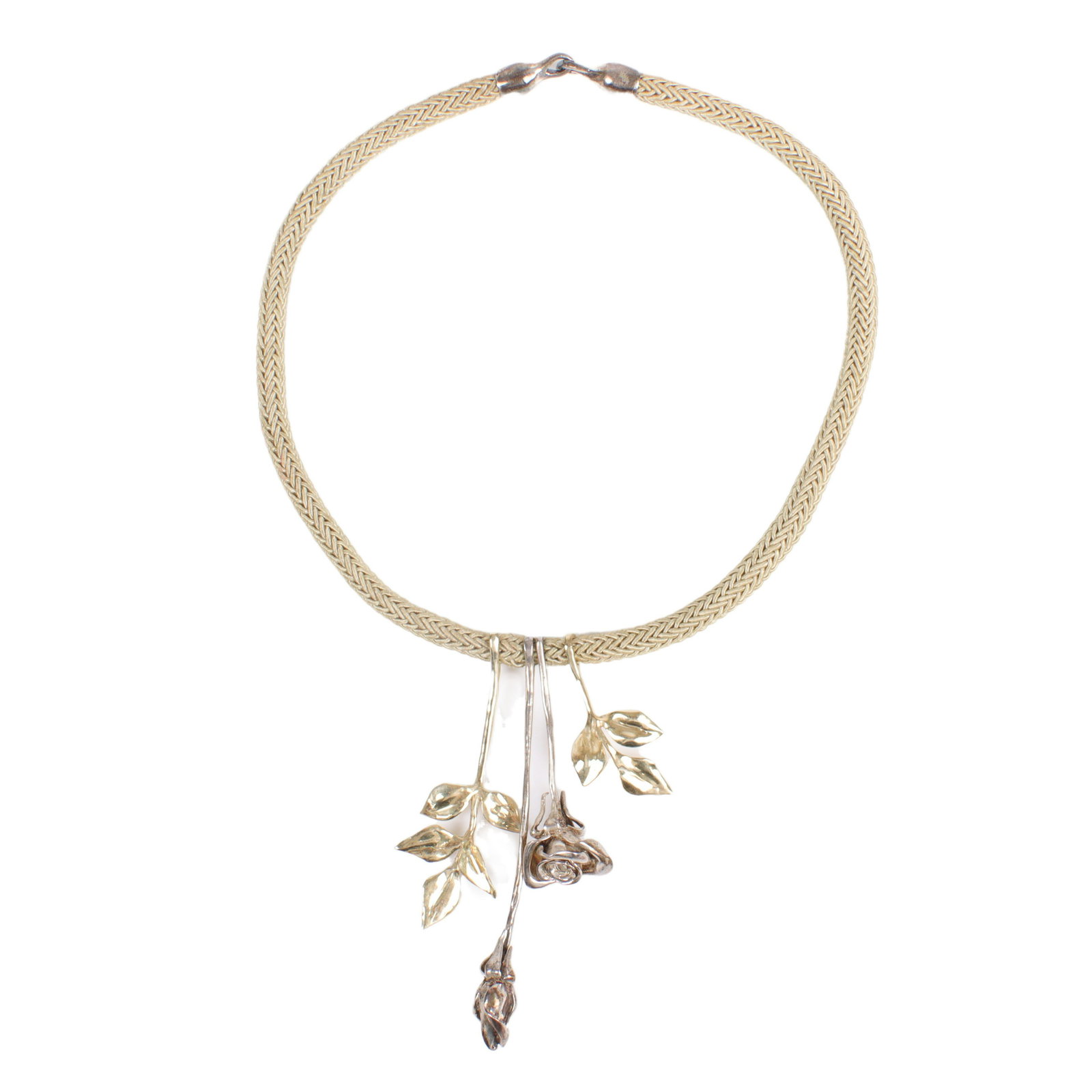 Artisan made signed CN necklace with 14K gold dangling leaves & sterling silver sculpted rose (1 of 4)