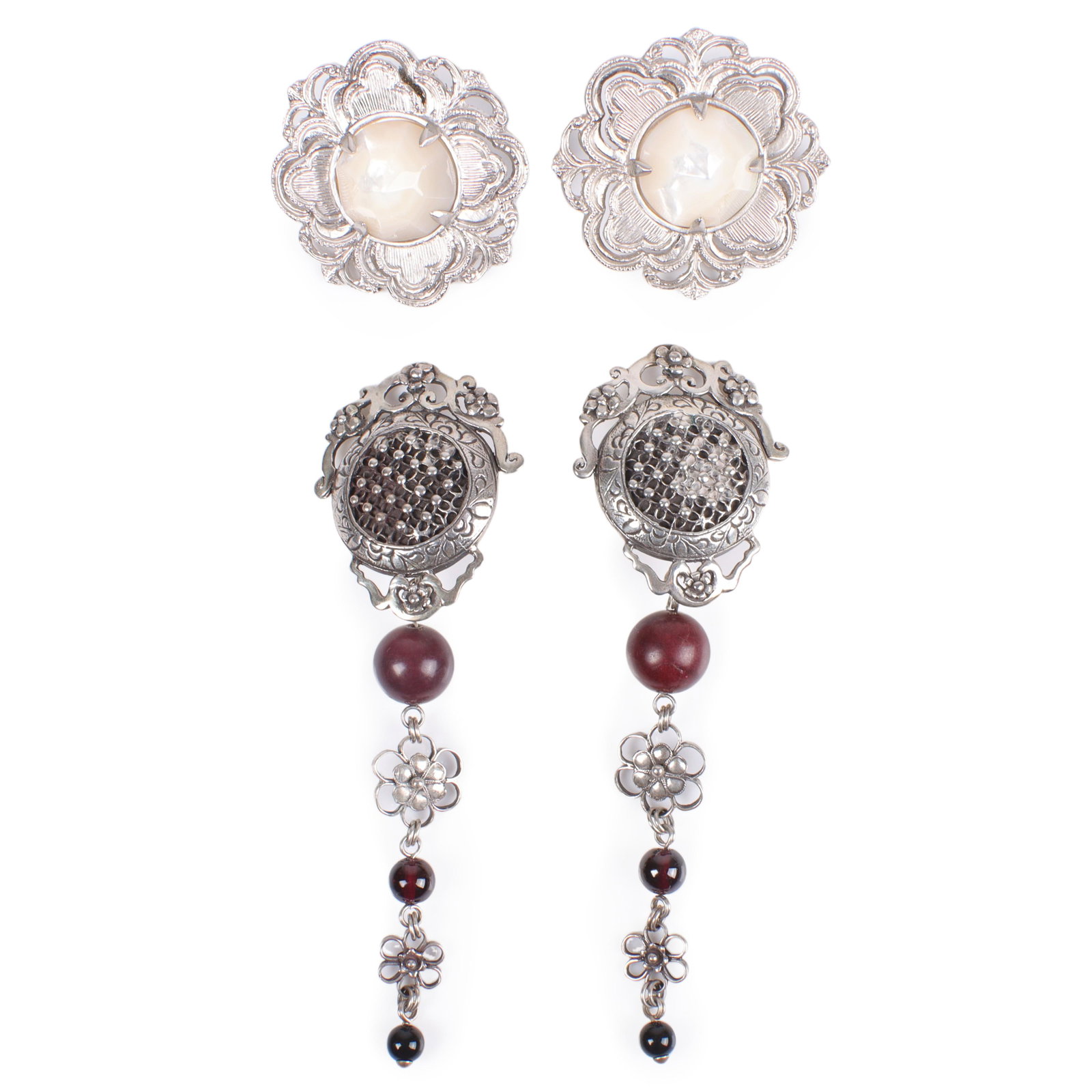 Stephen Dweck 2pr sterling silver earrings: domed mother of pearl flower and 5"H (longest) (1 of 6)