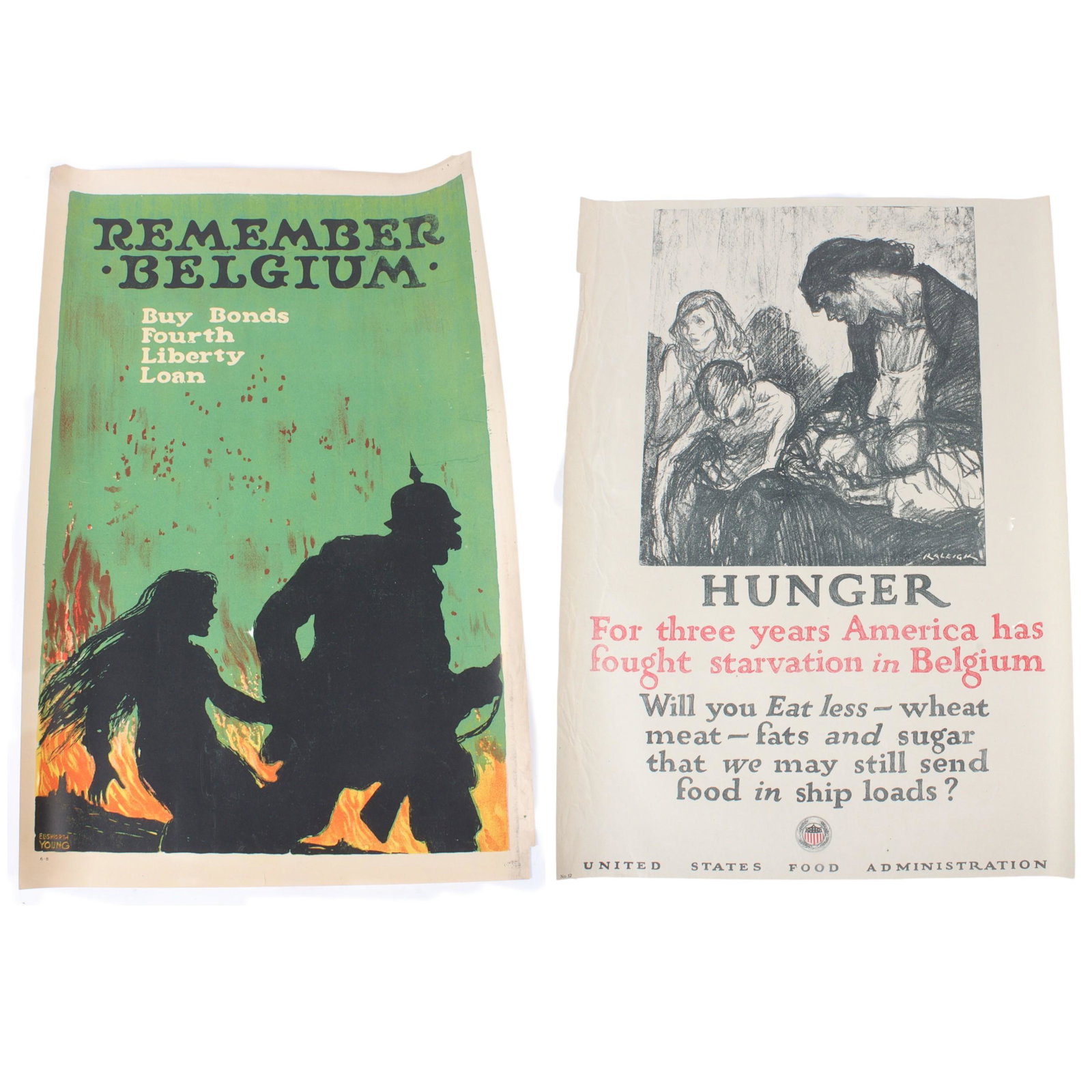 Two WW1 Belgium posters: Hunger and Remember Belgium 30" x 20" (1 of 14)