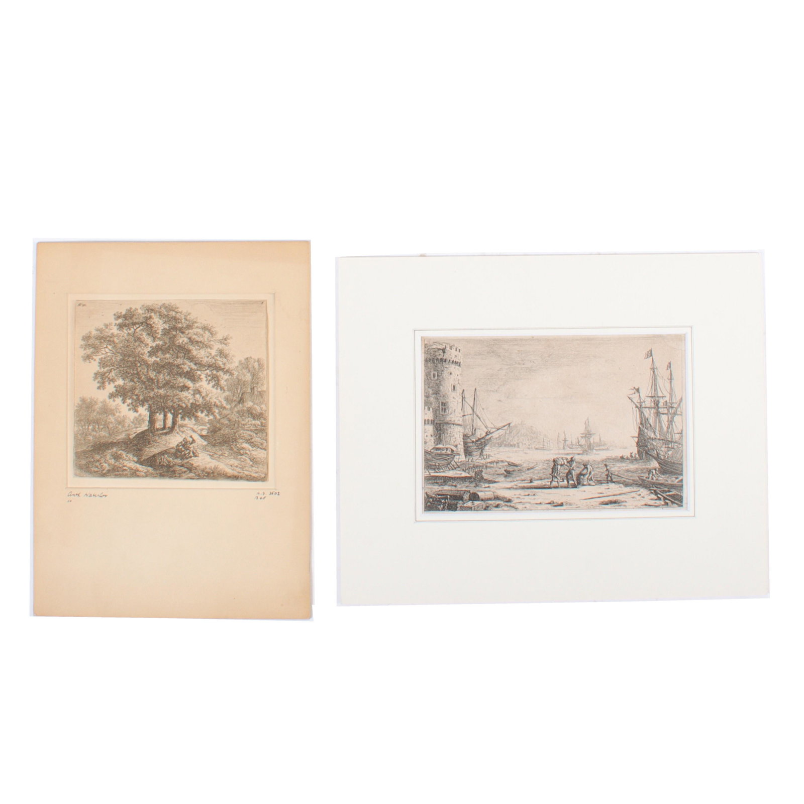 Claude Lorrain, Antonie Waterloo 2 17th C. engravings, The Two Lanes & Harbor with a Large Tower, (1 of 20)