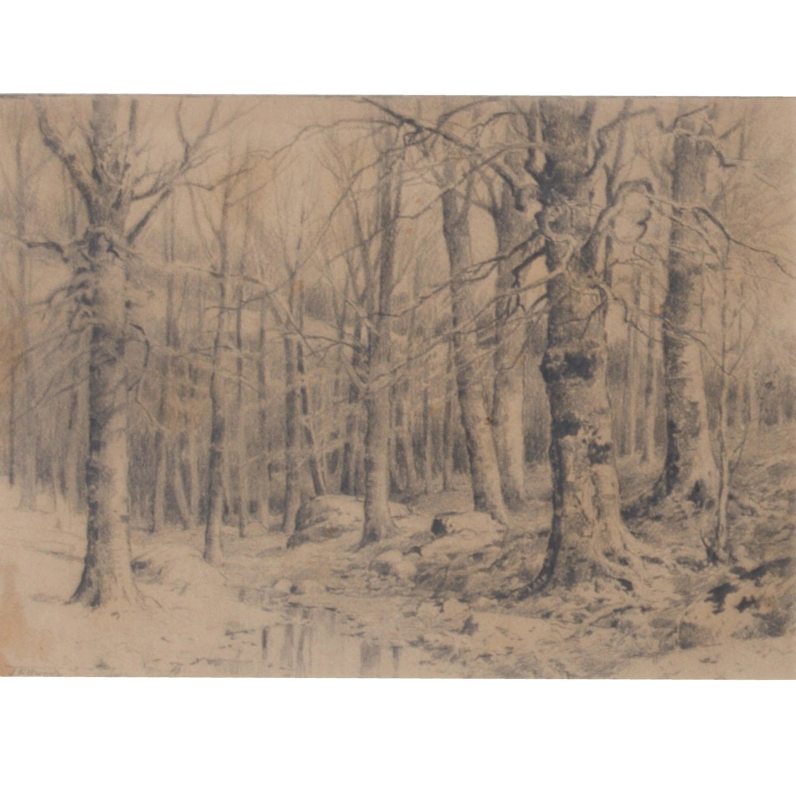 John Elwood Bundy, Indiana (1853-1933), winter at forest edge, graphite on paper landscape drawing, (1 of 6)