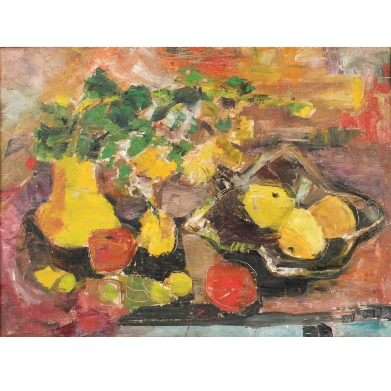 Frances Pestow, American (1908-1983), abstract still life with fruit, oil on canvas, 26"H x 32"W (1 of 7)