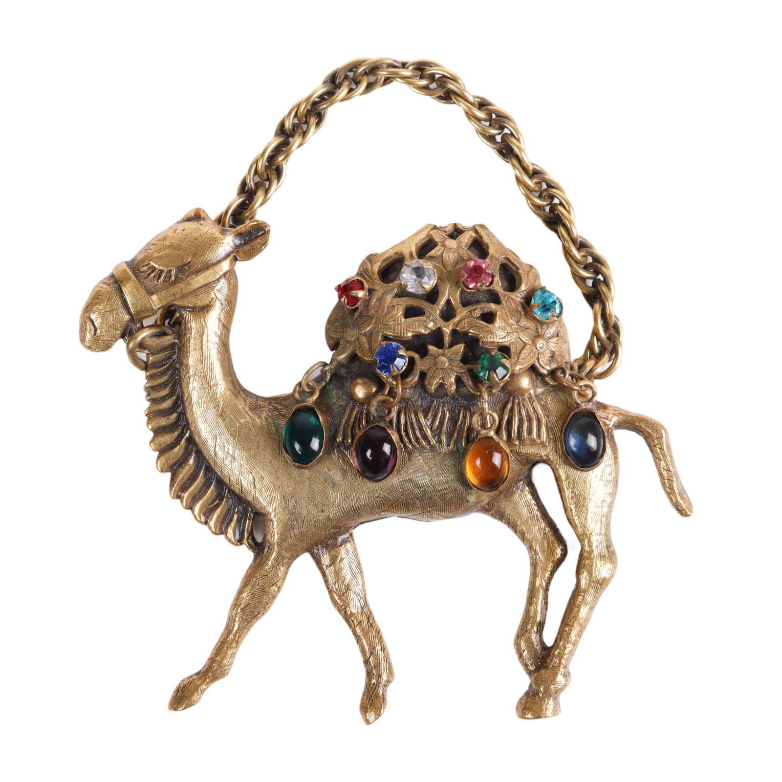 Joseff of Hollywood gold tone camel pin brooch with dangling cabochons & multi color rhinestones, 2 (1 of 4)