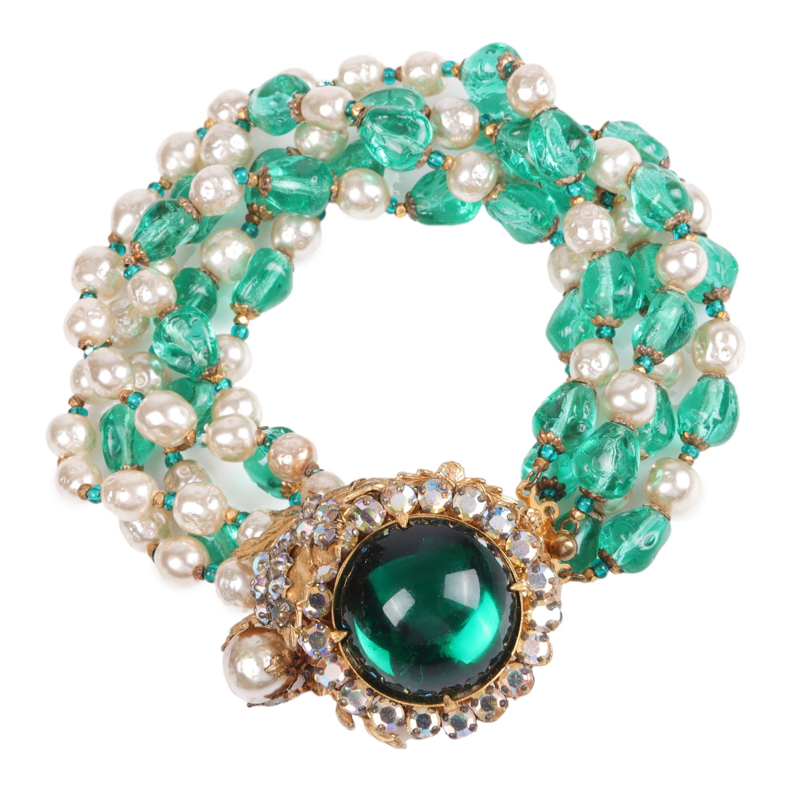 Miriam Haskell multi strand green glass and faux pearl bead bracelet with decorative clasp 8"L x 1 (1 of 4)