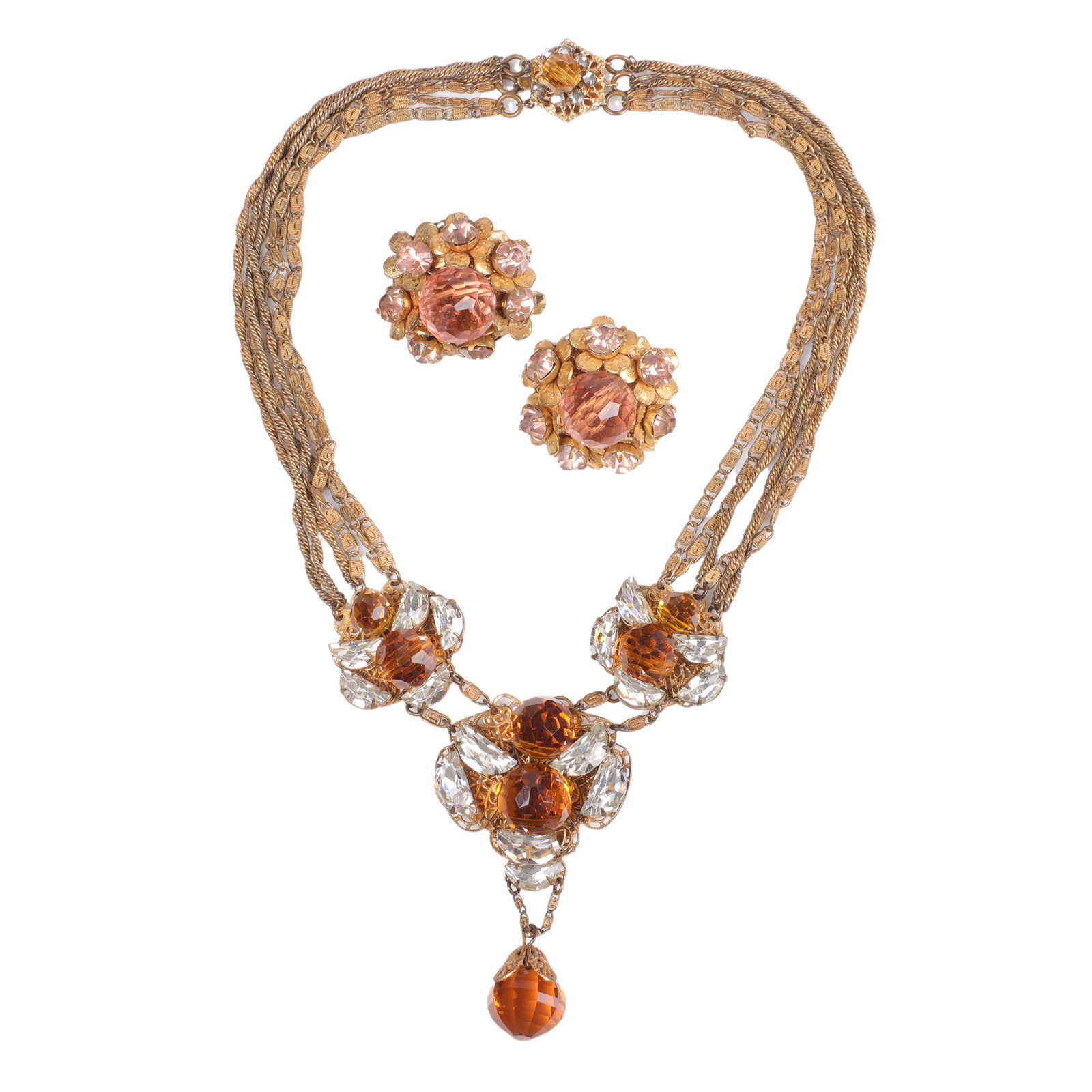 Miriam Haskell earring and necklace 2pc group: pink faceted ball crystal earrings wreathed in 14"L (1 of 7)