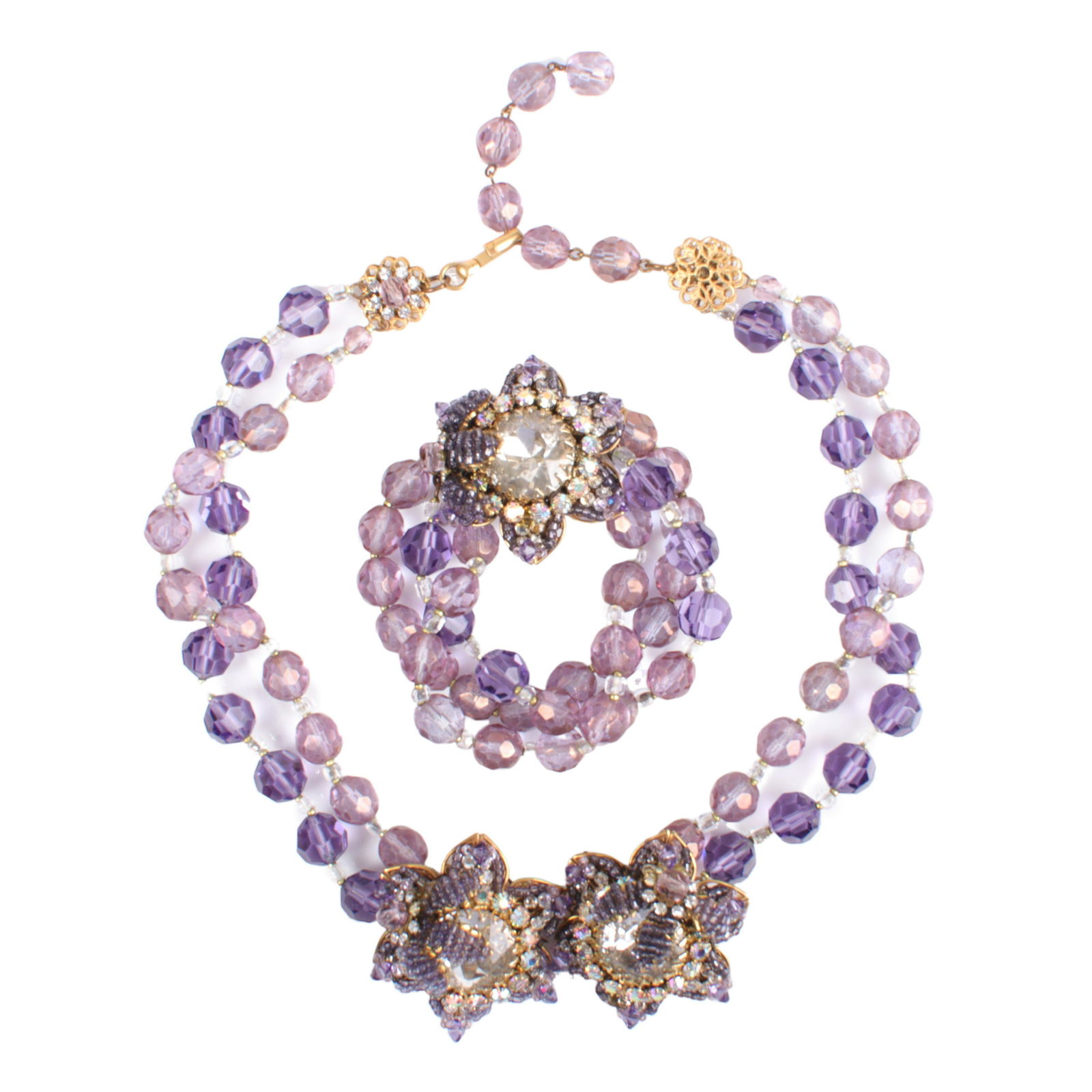 Miriam Haskell demi-parure double strand faceted crystal bead necklace in shades of purple (1 of 7)