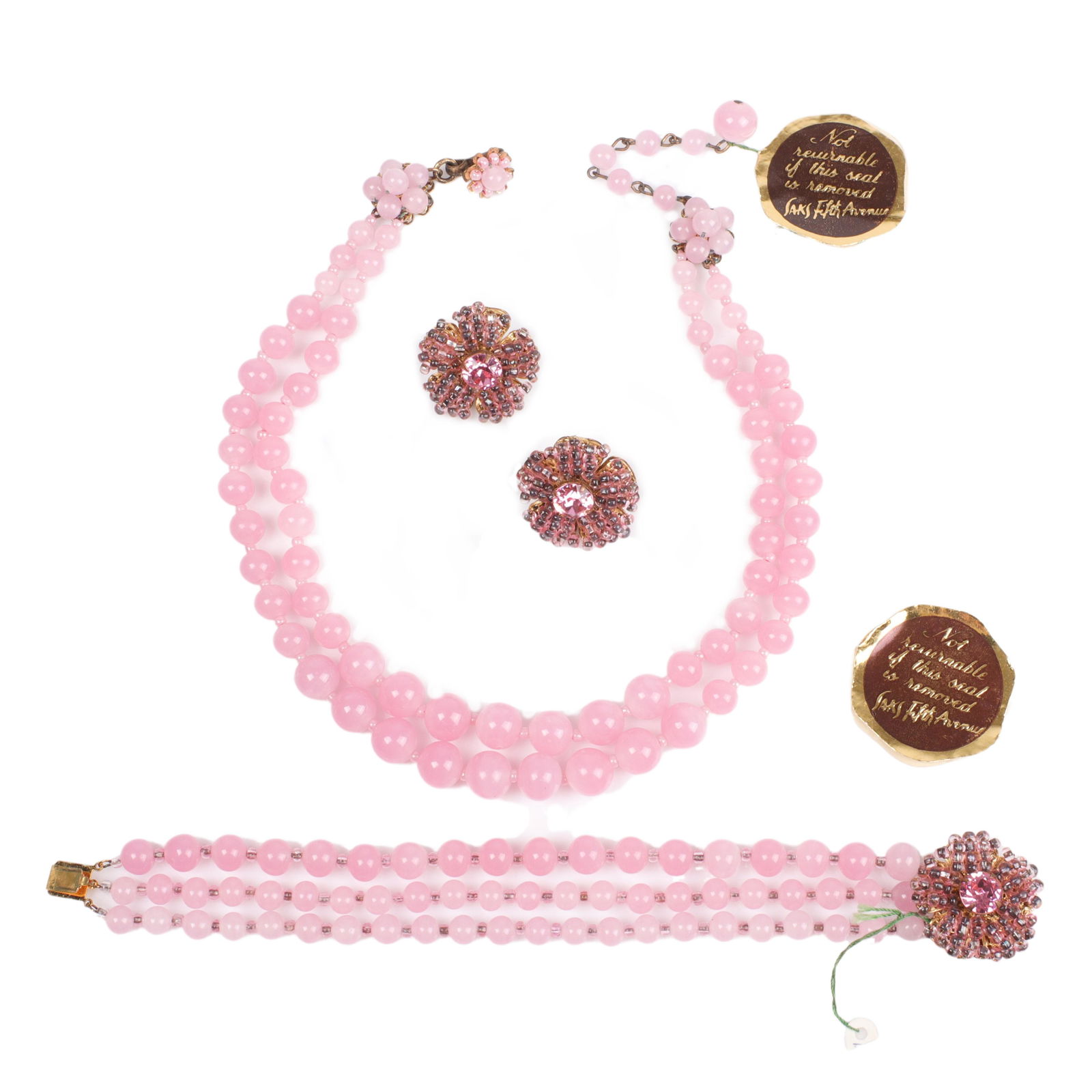 Miriam Haskell parure pink glass multi strand beaded necklace, bracelet, and earring set: 16"L (1 of 7)