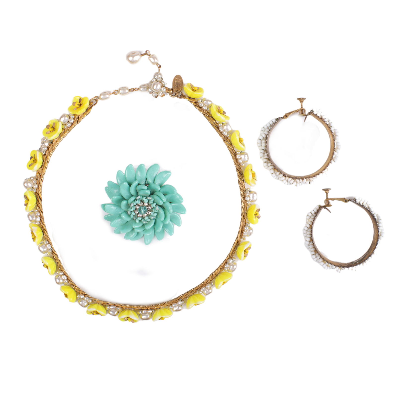 Miriam Haskell 3pc: choker necklace with alternating faux pearls and yellow glass flowers, (1 of 10)
