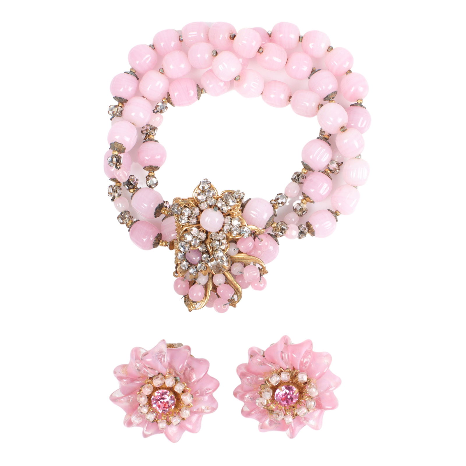 Miriam Haskell bracelet and earring 2pc group: triple strand pink glass beaded bracelet 7 3/4"L x 1 (1 of 5)