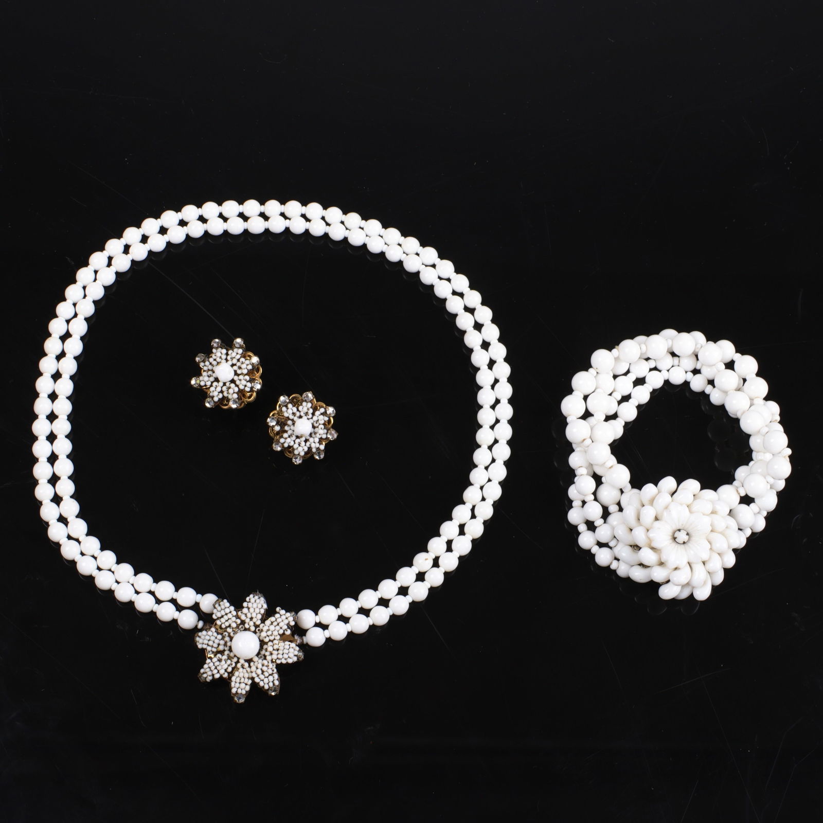 Miriam Haskell 3pc: white glass bead necklace floral earring set tipped in rhinestones 17"L (1 of 11)
