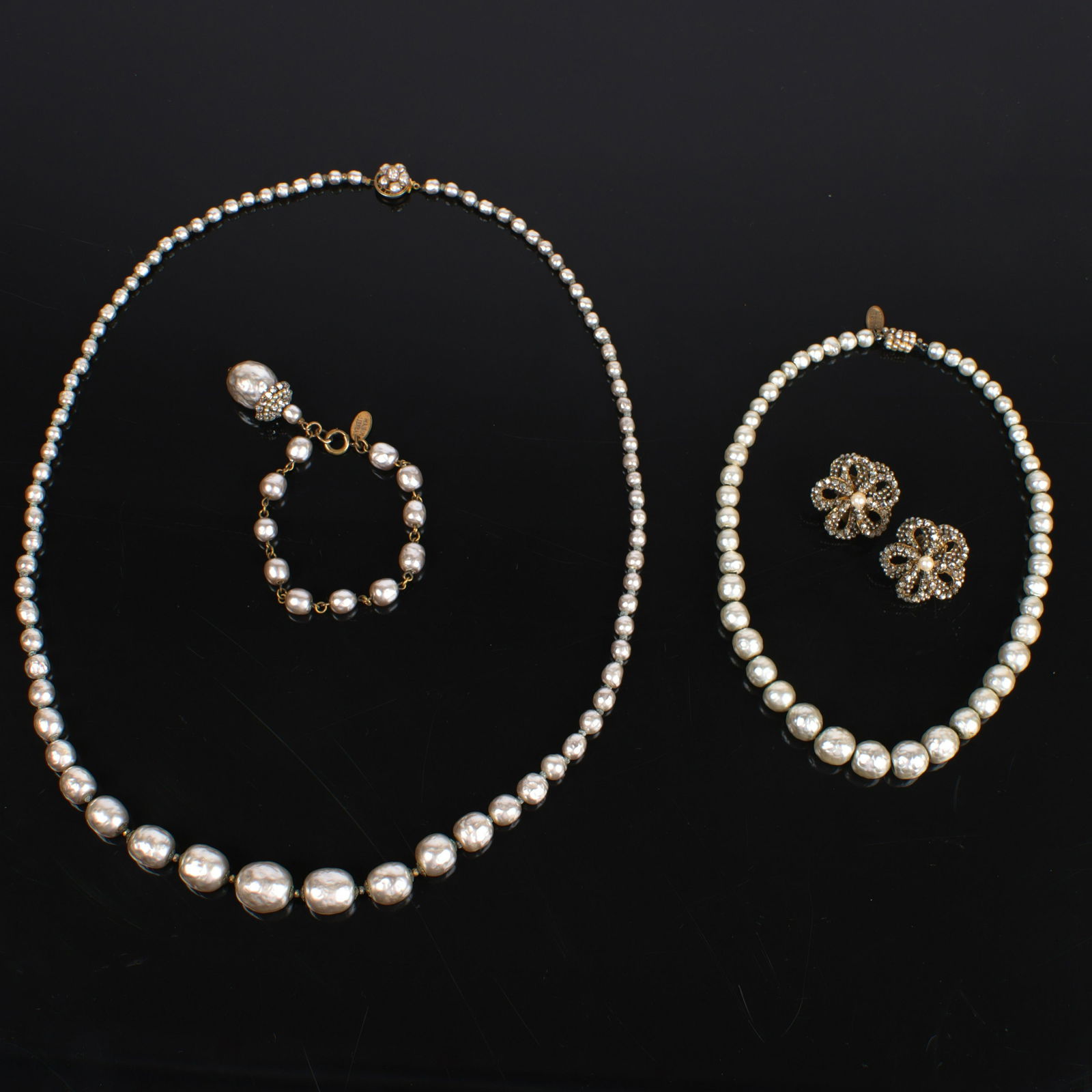 Miriam Haskell 4pc: two stacking graduated fresh water pearl necklaces, 27"L (longer), 15"L (1 of 10)