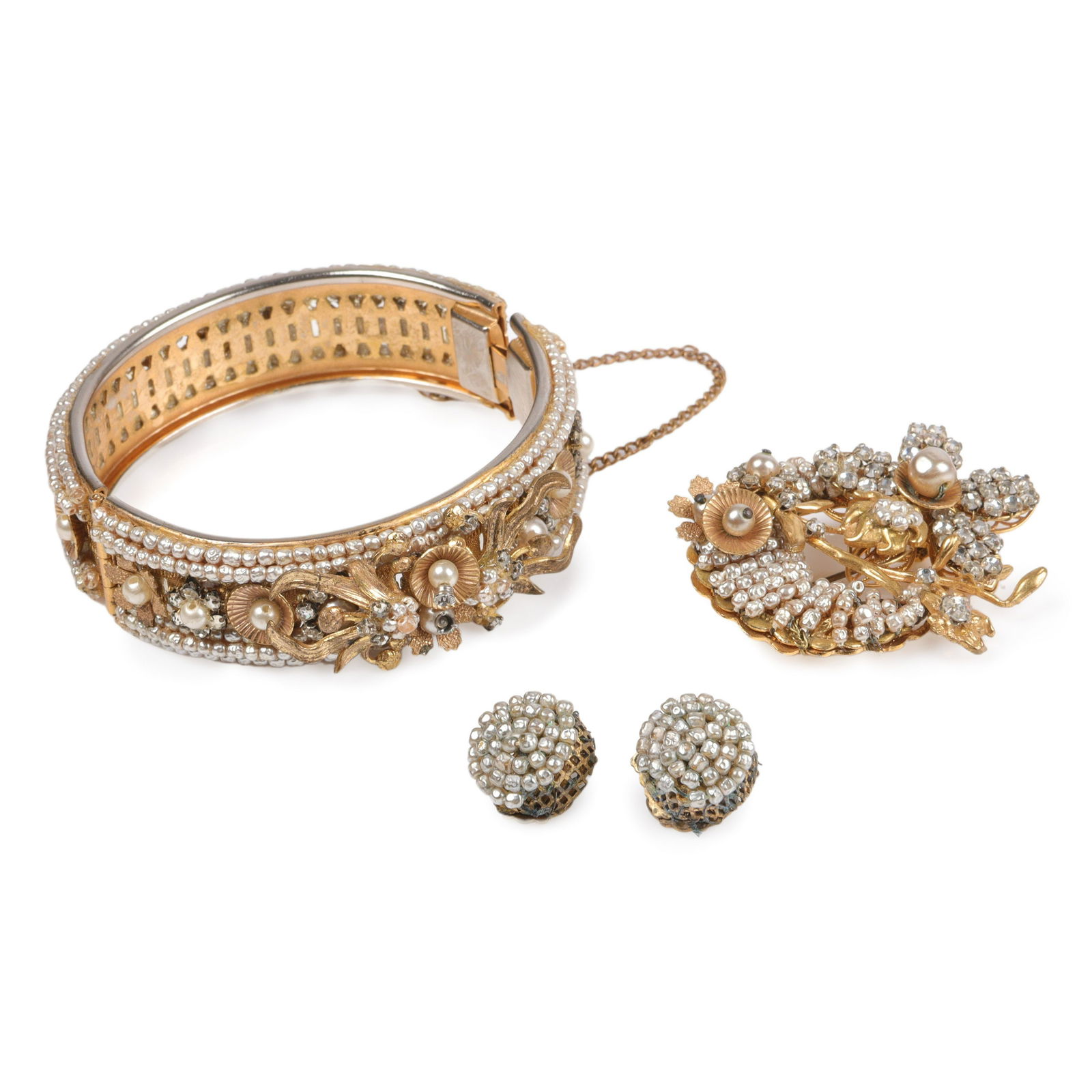 Miriam Haskell faux pearl demi parure: faux seed pearl beaded earrings, unsigned bracelet 2 (1 of 8)