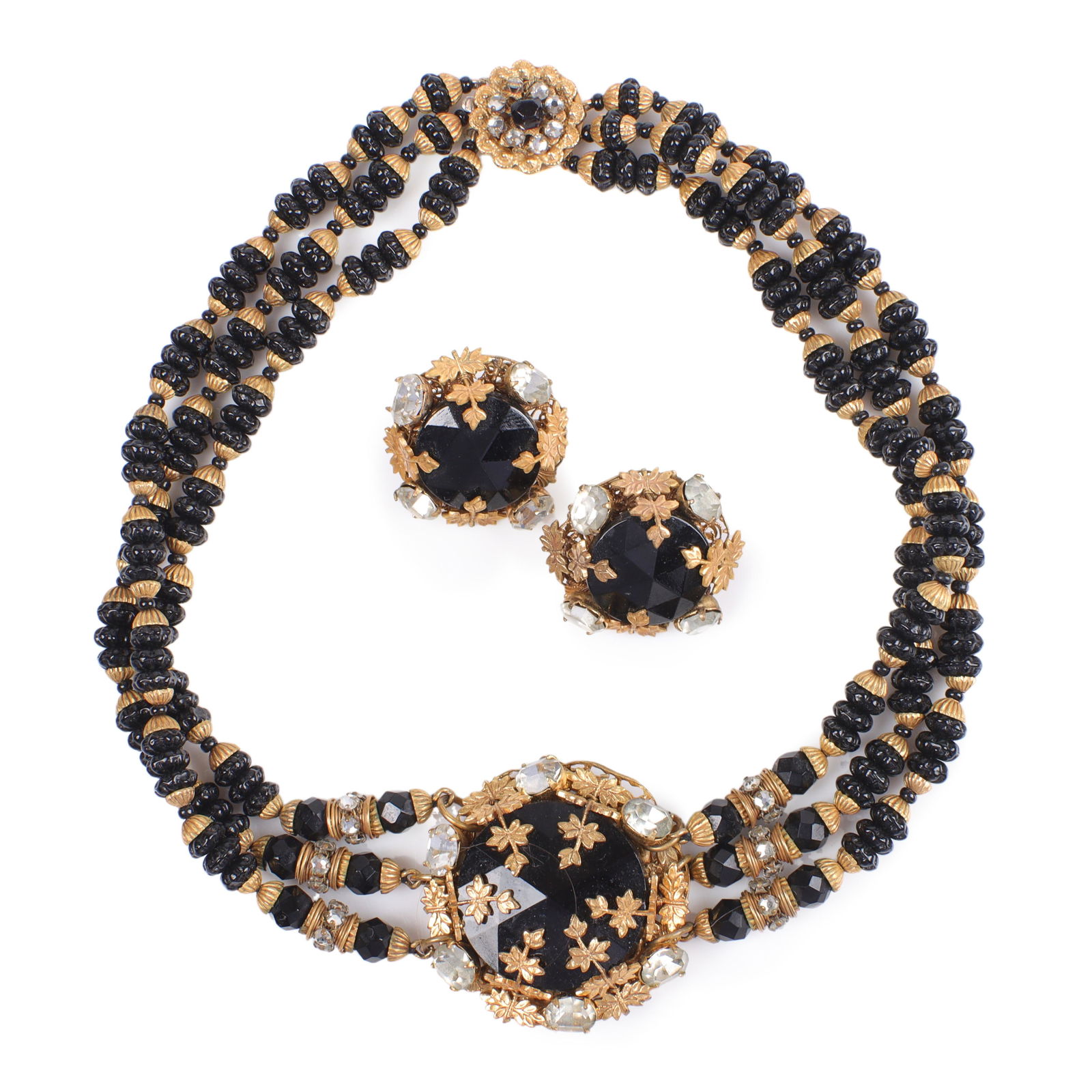 Miriam Haskell black and gilt brass crystal / glass bead necklace and earring set: multi strand (1 of 8)