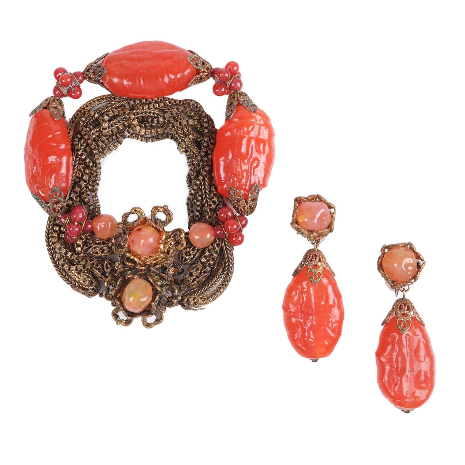 Miriam Haskell brass and orange molded glass bracelet and earring set: 8"L x 1 1/2"W (bracelet), 2 (1 of 6)