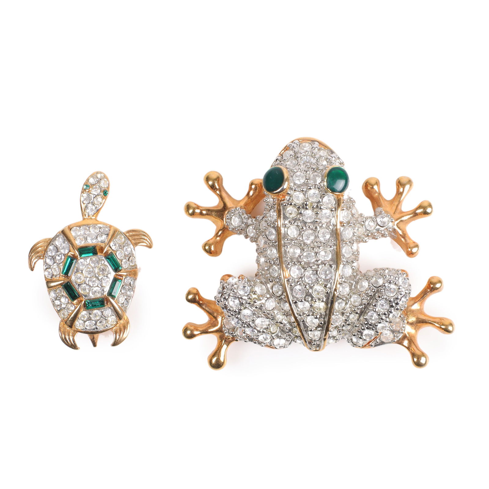Two vintage figural gold tone pave brooches: turtle with emerald green baguette crystals and jewel (1 of 5)