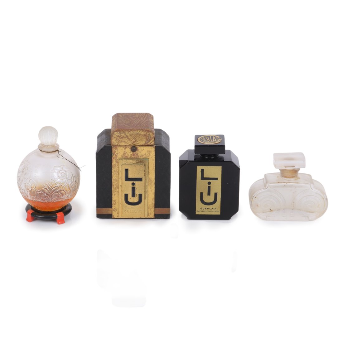 Three French Art Deco perfume bottles and perfume box: Guerlain "Liu" bottle with box, one Coty "A (1 of 8)