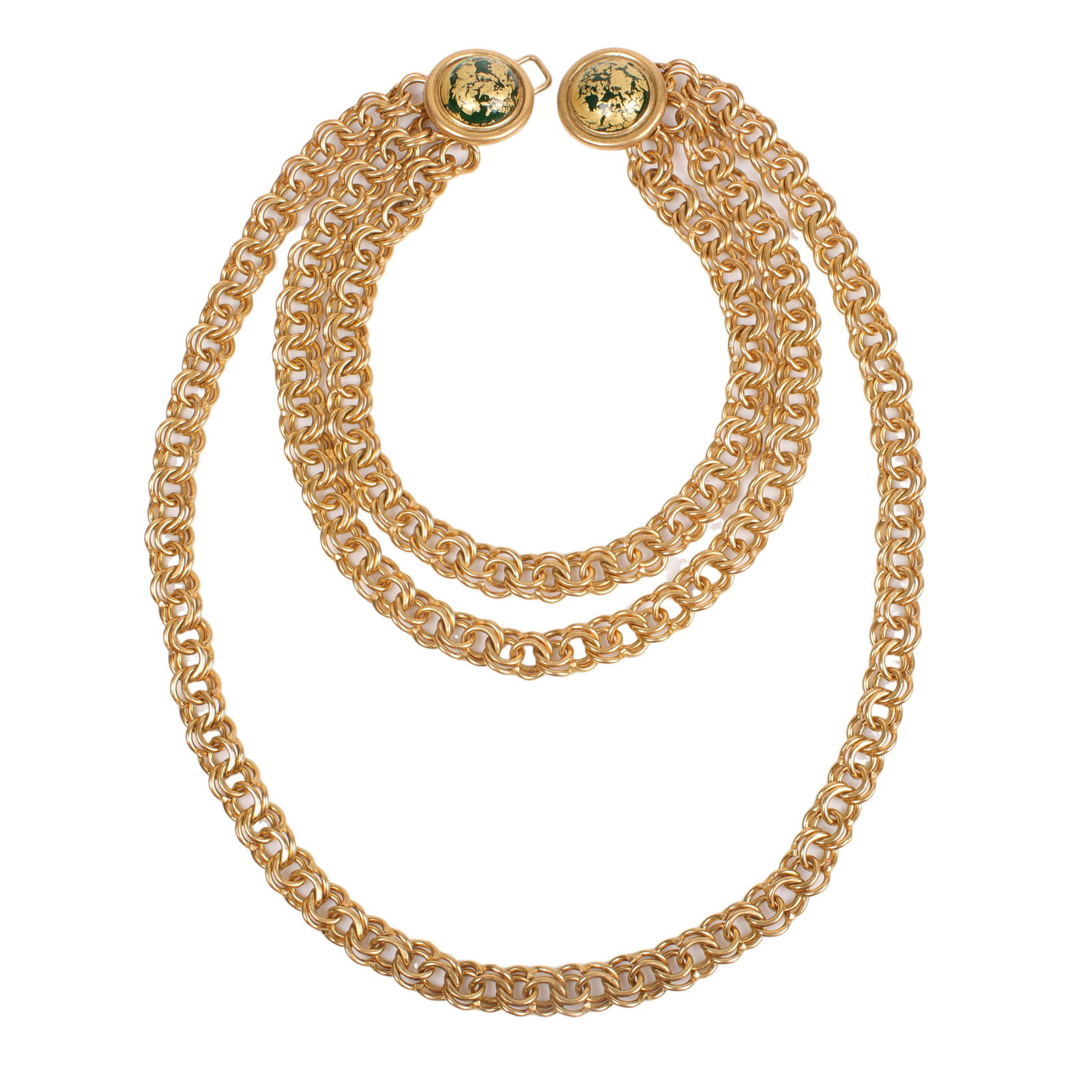 Isabel Canovas chunky triple chain graduated necklace with decorative clasp. 17"L, 8"drop: Isabel Canovas chunky triple chain graduated necklace with decorative clasp. Clasp with gilt over green glass cabochons. 17"L, 8"drop