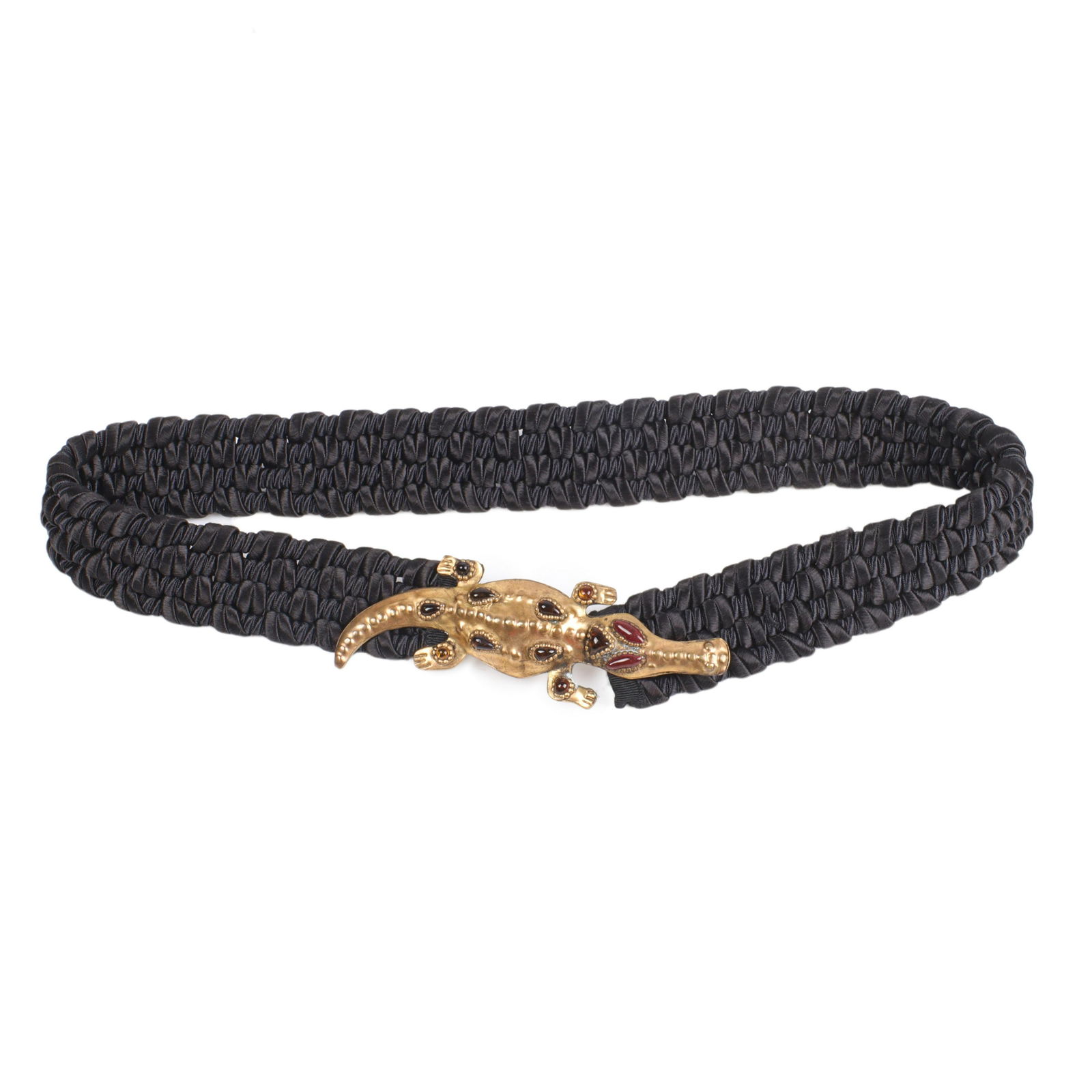 Isabel Canovas woven black satin belt with bejeweled brass figural alligator buckle 26 1/2"L: Isabel Canovas woven black satin belt with bejeweled brass figural alligator buckle 26 1/2"L (adjustable)