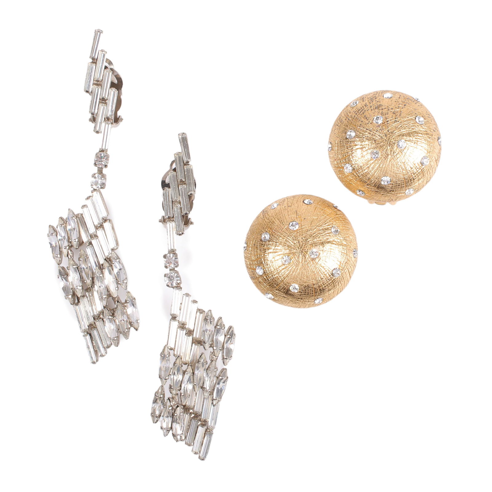 Two French Designer earrings: Dior textured gold rhinestone studded buttons, 1 1/4"diam. (Dior), 3 (1 of 5)