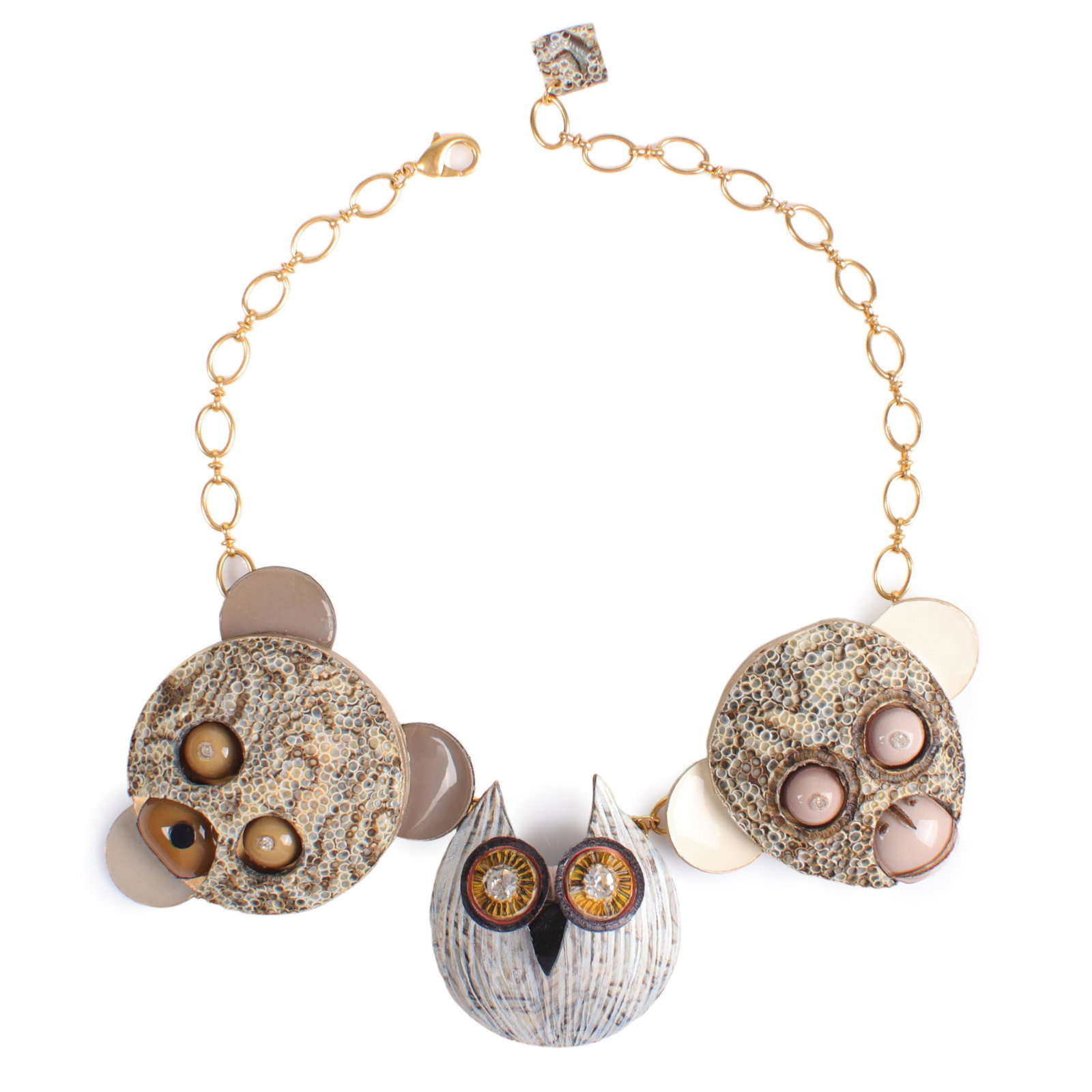Cilea Paris designer collar necklace with three animal face resin pendants: adjustable to 18 1/2"L,: Cilea Paris designer collar necklace with three animal face resin pendants: Featuring a bear, owl, and monkey with rhinestone eyes. adjustable to 18 1/2"L, 3 1/2"H x 2 7/8"W (bear)