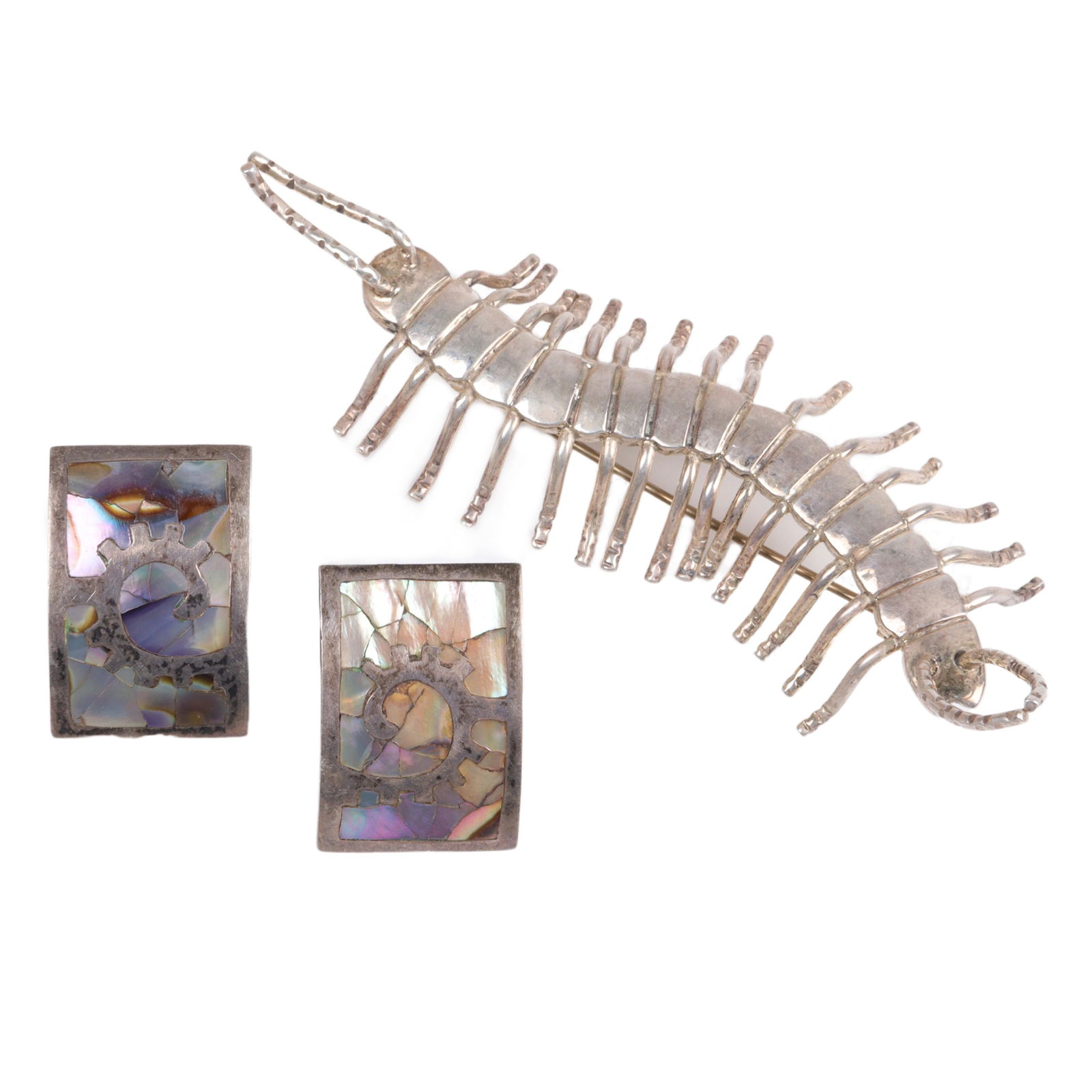 Mexican sterling silver 2pc jewelry group: Castillo centipede pin brooch and 3 1/4"H x 1 1/8"W (1 of 5)