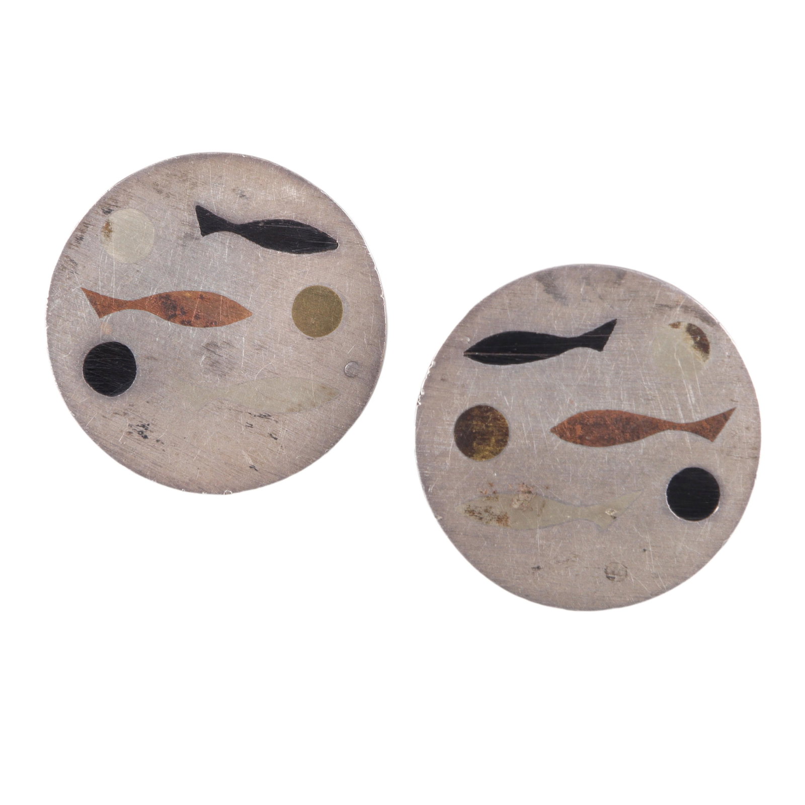 Mexican Modernist Taxco Estela Popowski sterling silver button disk earrings with mixed metal inlaid: Mexican Modernist Taxco Estela Popowski sterling silver button disk earrings with mixed metal inlaid fish design. Taxco stamped mark on one. Not signed Popowski. 1 1/8"Diam.