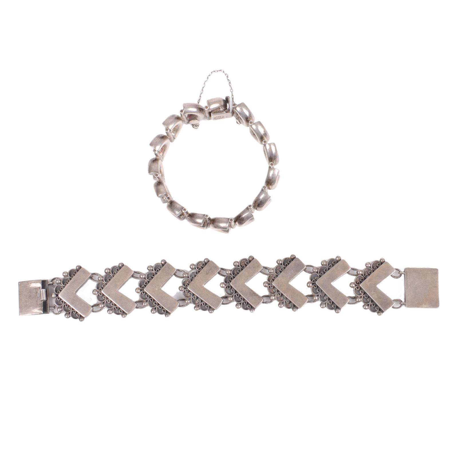 Two Taxco Mexican modernist sterling silver bracelets signed; Martinez chevron link with filigree, (1 of 6)
