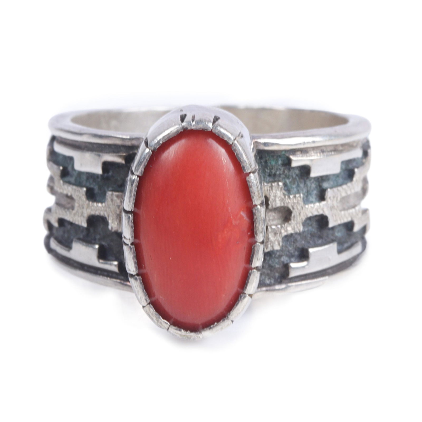 Dan Jackson Navajo Native American sterling silver and coral ring with high chiseled bezel size 12 (1 of 4)