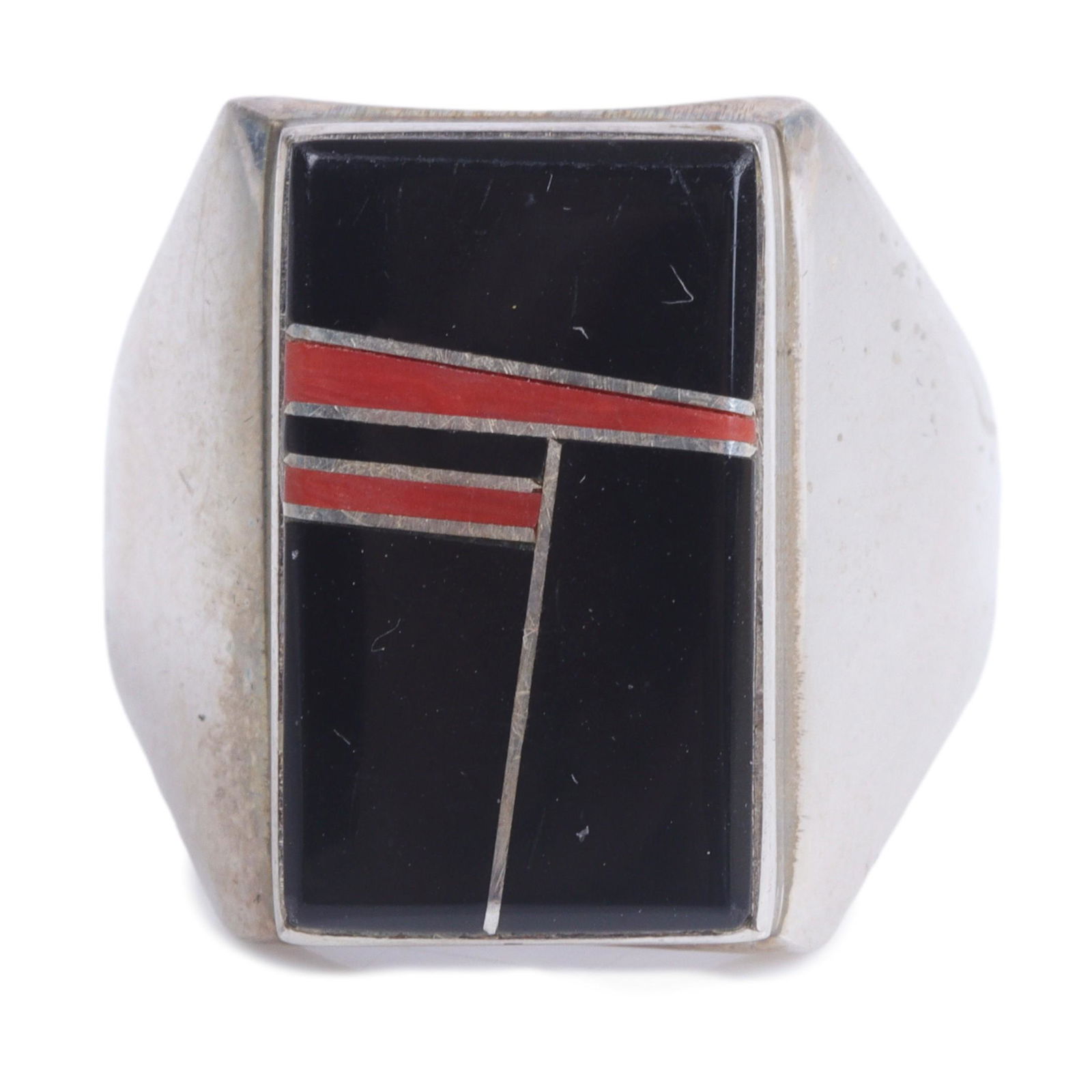 Zuni? Native American signed sterling silver ring with onyx and coral channel inlay. size 11 3/4 (1 of 5)