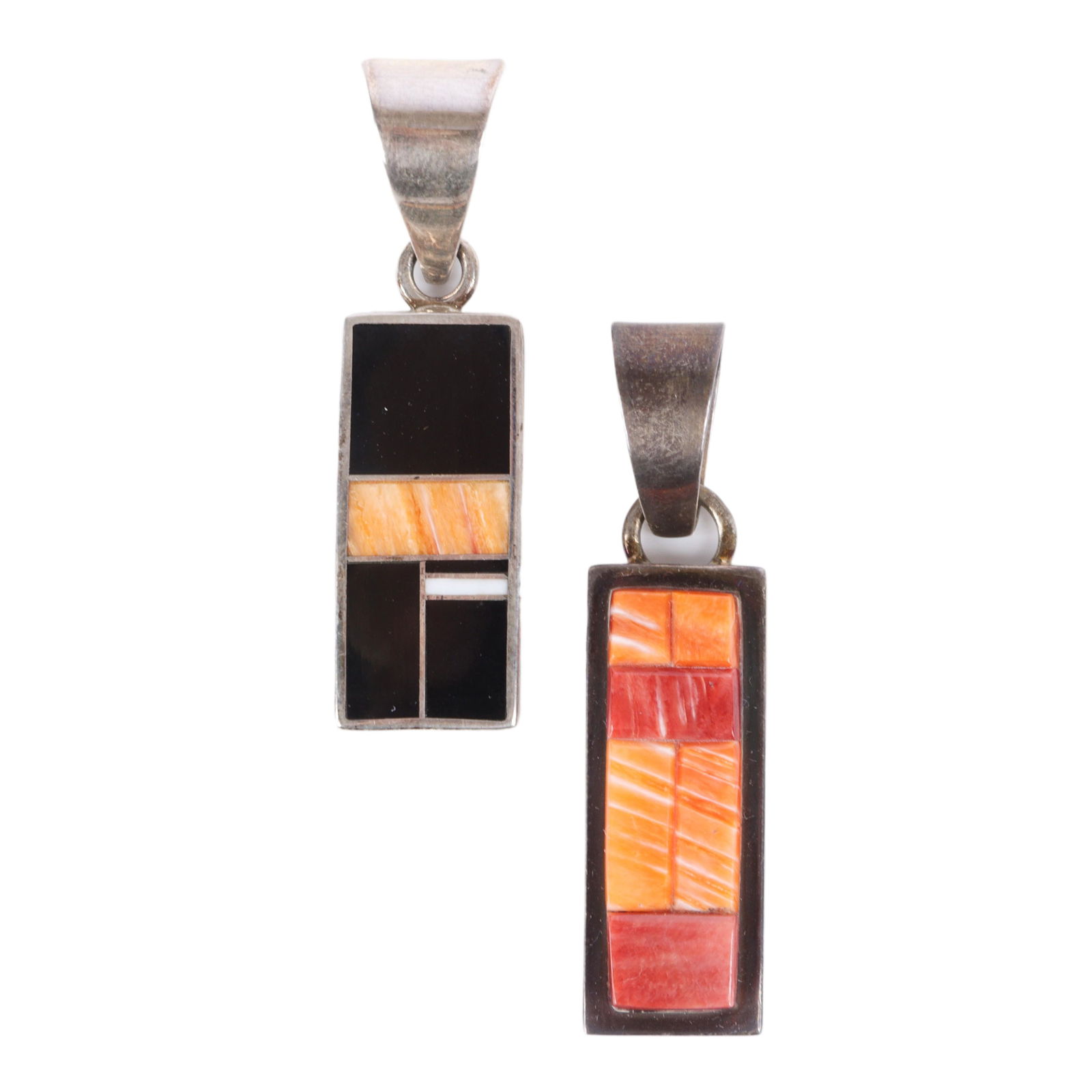 Two Navajo and Chiricahua Apache Native American sterling inlaid pendants 1 3/4"H x 1/2"W (Jackson) (1 of 5)