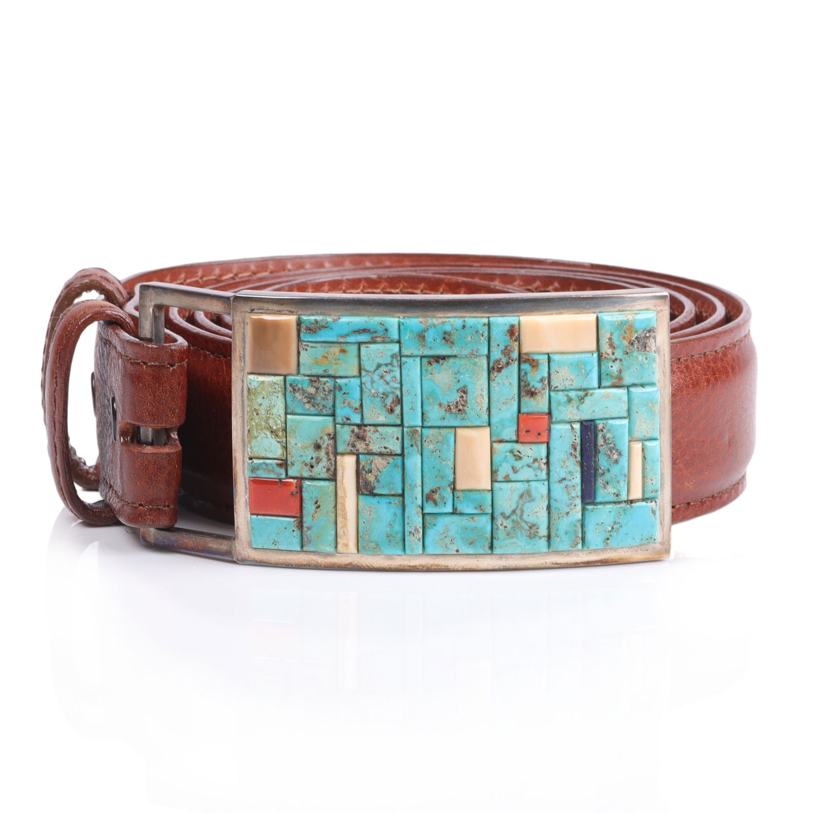 Hanson "Moogie" Smith Navajo Native American sterling silver belt buckle inlaid with mosaic (1 of 7)