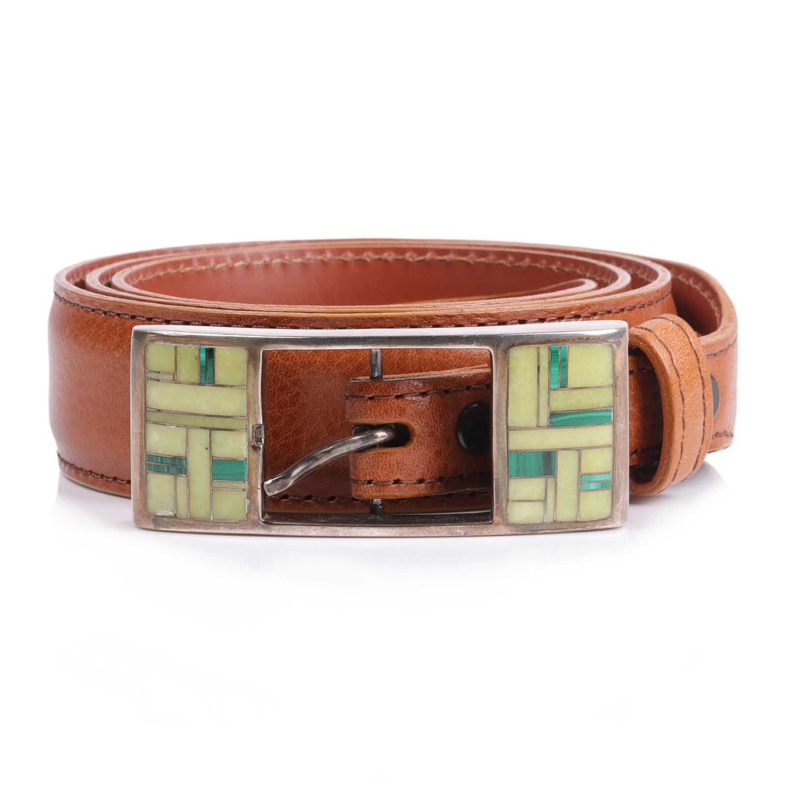 B.G. Mudd Native American sterling silver belt buckle inlaid with malachite, and serpentine &: B.G. Mudd Native American sterling silver belt buckle inlaid with malachite, and serpentine & Nephrite jade. Tom Taylor cognac genuine Italian calfskin handmade belt. size 42 (belt), 1 1/4"H x 3 1/4"W