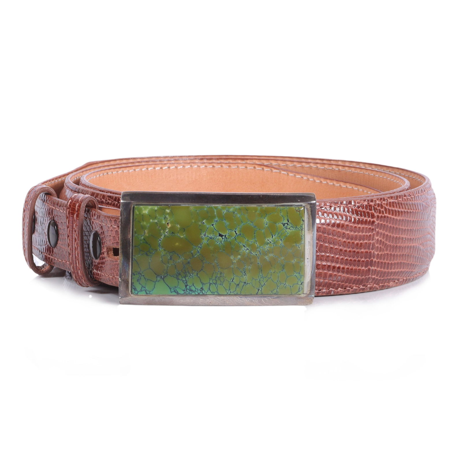 Native American Navajo? sterling silver and mossy Villa Grove? turquoise signed belt buckle & James (1 of 6)