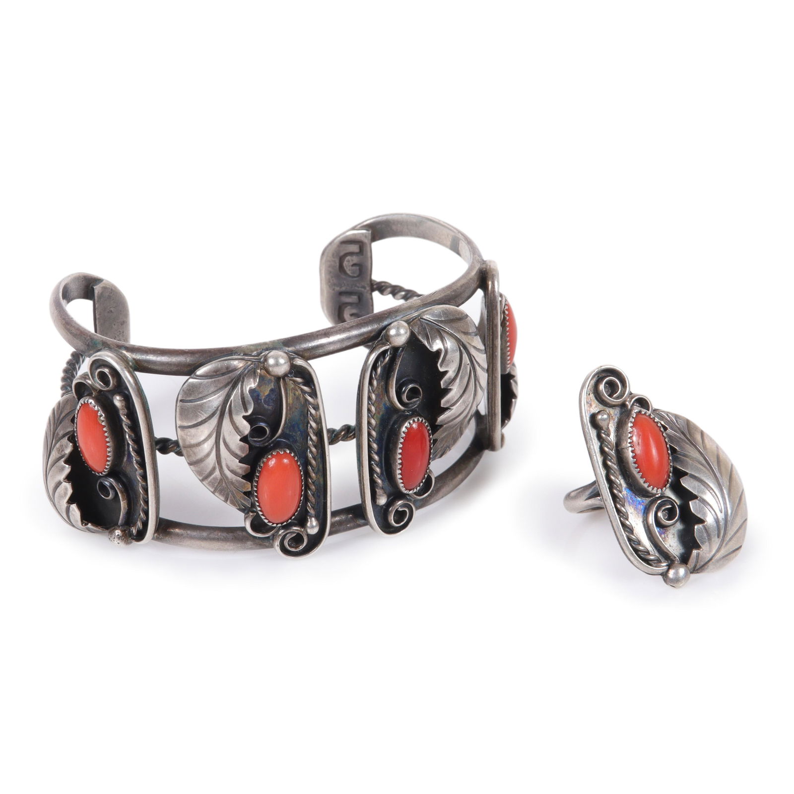 Native American Indian sterling silver and coral cuff bracelet ring set. 2 3/8"inner width, 1 (1 of 5)