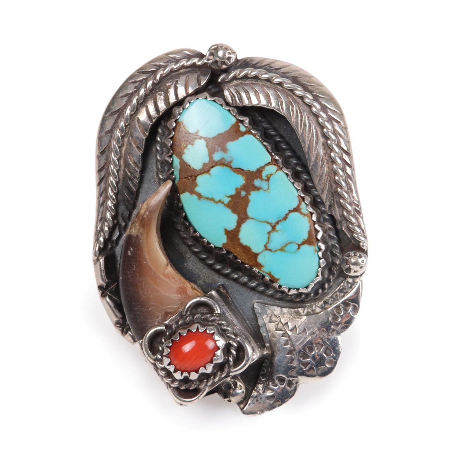 Large Native American sterling silver ring studded with turquoise, coral, and a bear claw: size 10 (1 of 5)