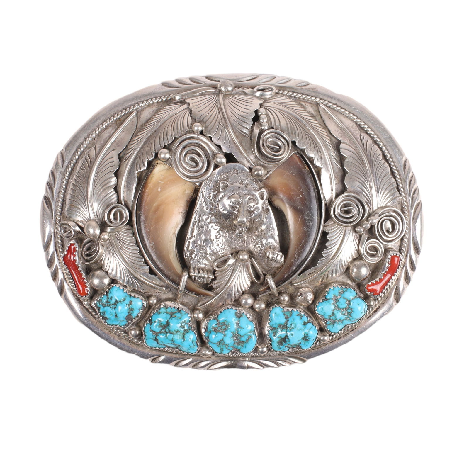 Mike Thomas Jr. sterling silver, turquoise, coral, and bear claw belt buckle: 3 3/8"H x 4 3/8"W (1 of 5)