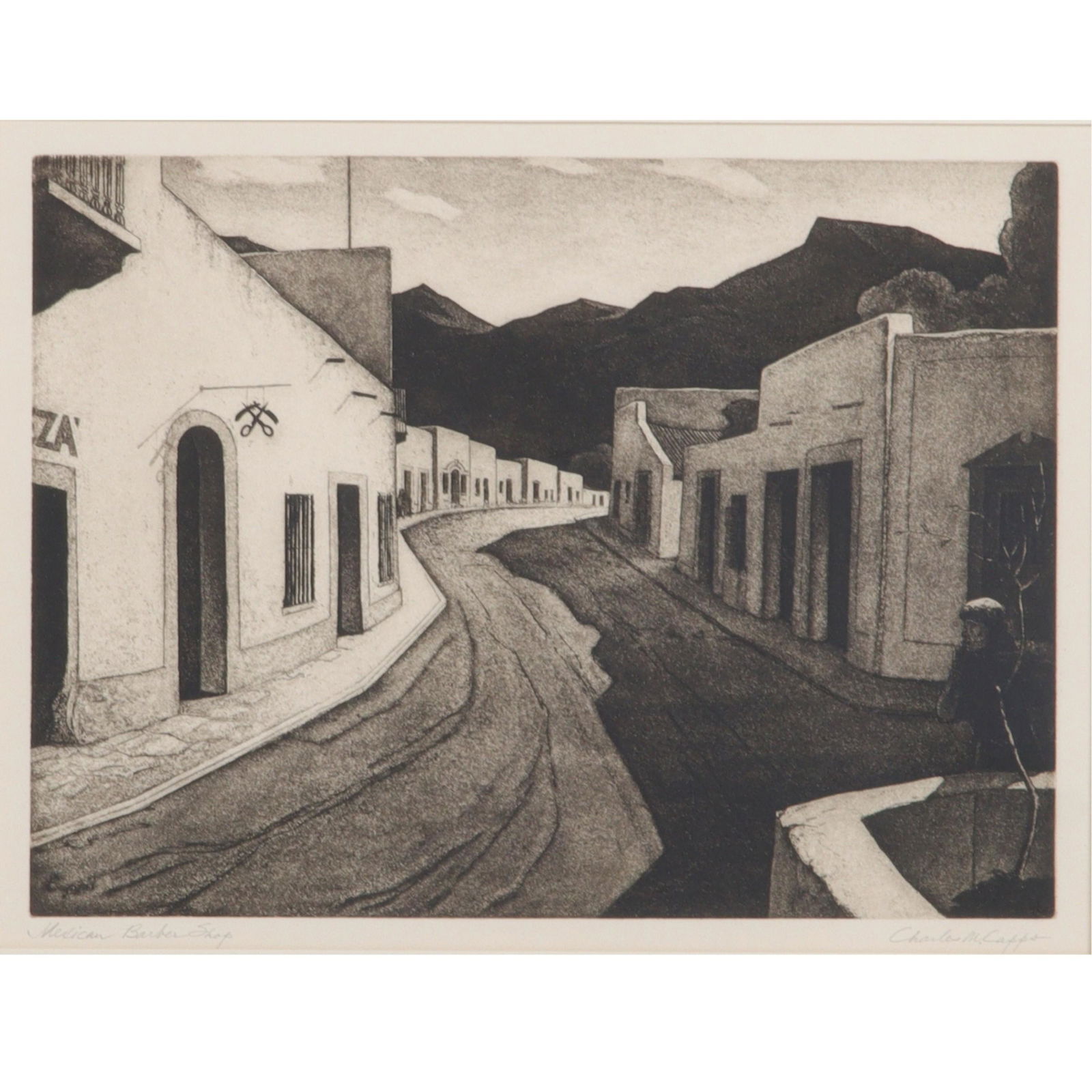 Charles Merrick Capps, Kansas, Illinois (1898-1981), Mexican Barber Shop, Aquatint, Printers Proof, (1 of 13)