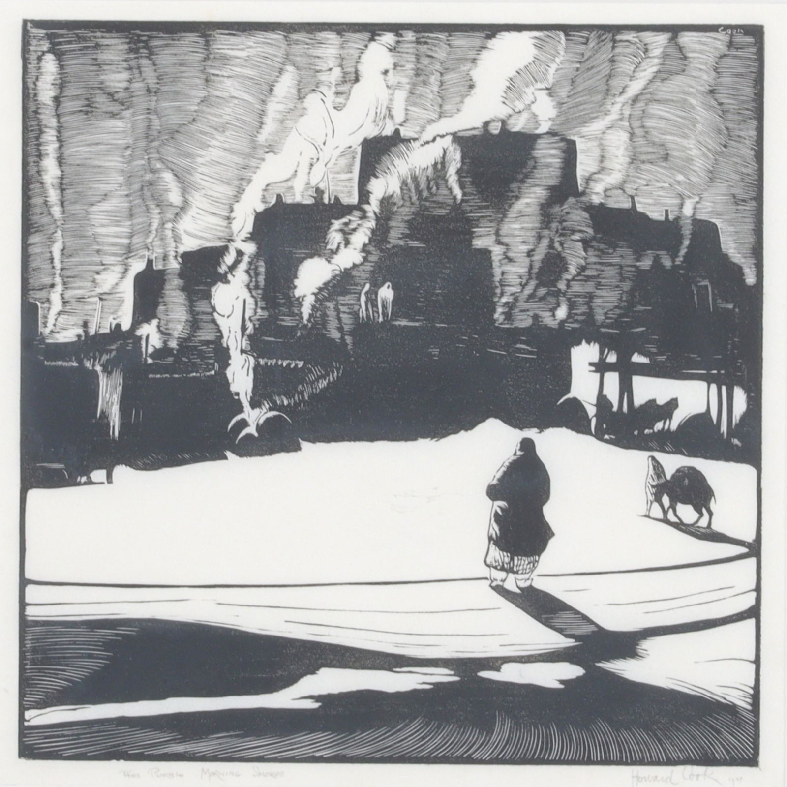 Howard Cook, American (1901-1980), Taos Pueblo Morning Smokes (Breakfast), woodcut, 1927, 8 1/2"H x (1 of 6)