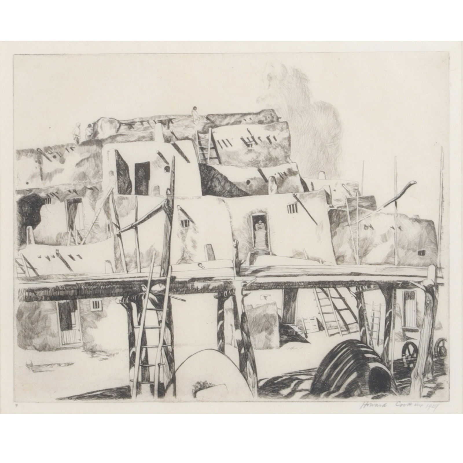 Howard Cook, American (1901-1980), Taos Pueblo, engraving, imp., 1927, 8 1/2"H x 10 1/2"W (sight), (1 of 7)