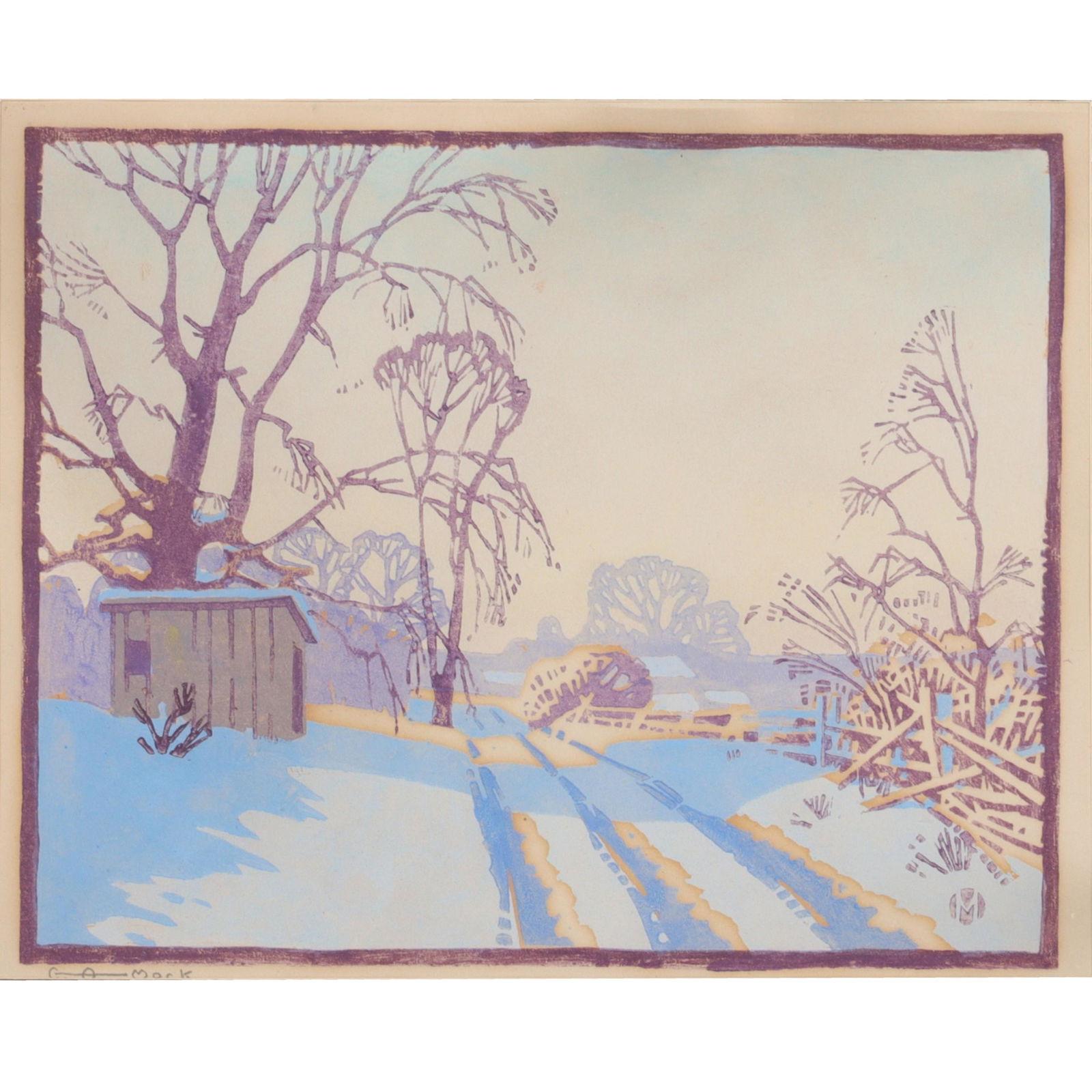 George Andrew Mock, Indiana, Illinois (1886 - 1958), winter road and landscape, color woodcut, 8"H x (1 of 6)