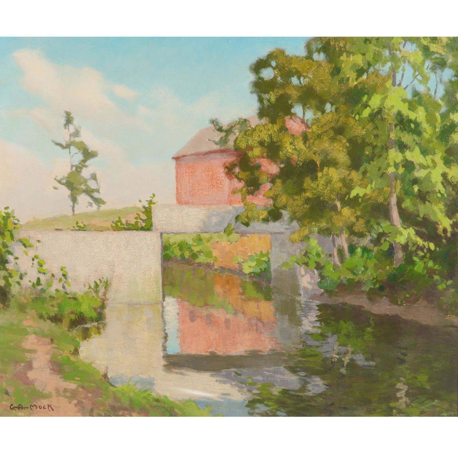 George Mock, Indiana (1886 - 1958), The Bridge, oil on board, 19 1/2"H x 23 1/2"W, 23 5/8"H x 27 (1 of 7)