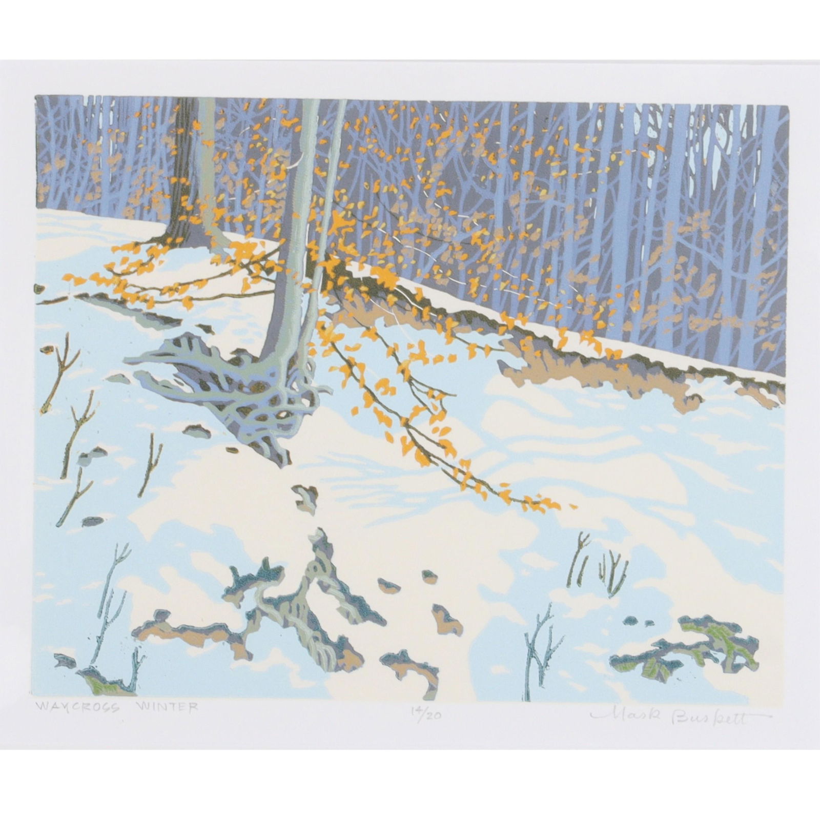 Mark Burkett, Indiana (b. 1951), Waycross Winter, 14/20, color woodcut, 8"H x 10"H (frame), 15 1/2"H (1 of 9)
