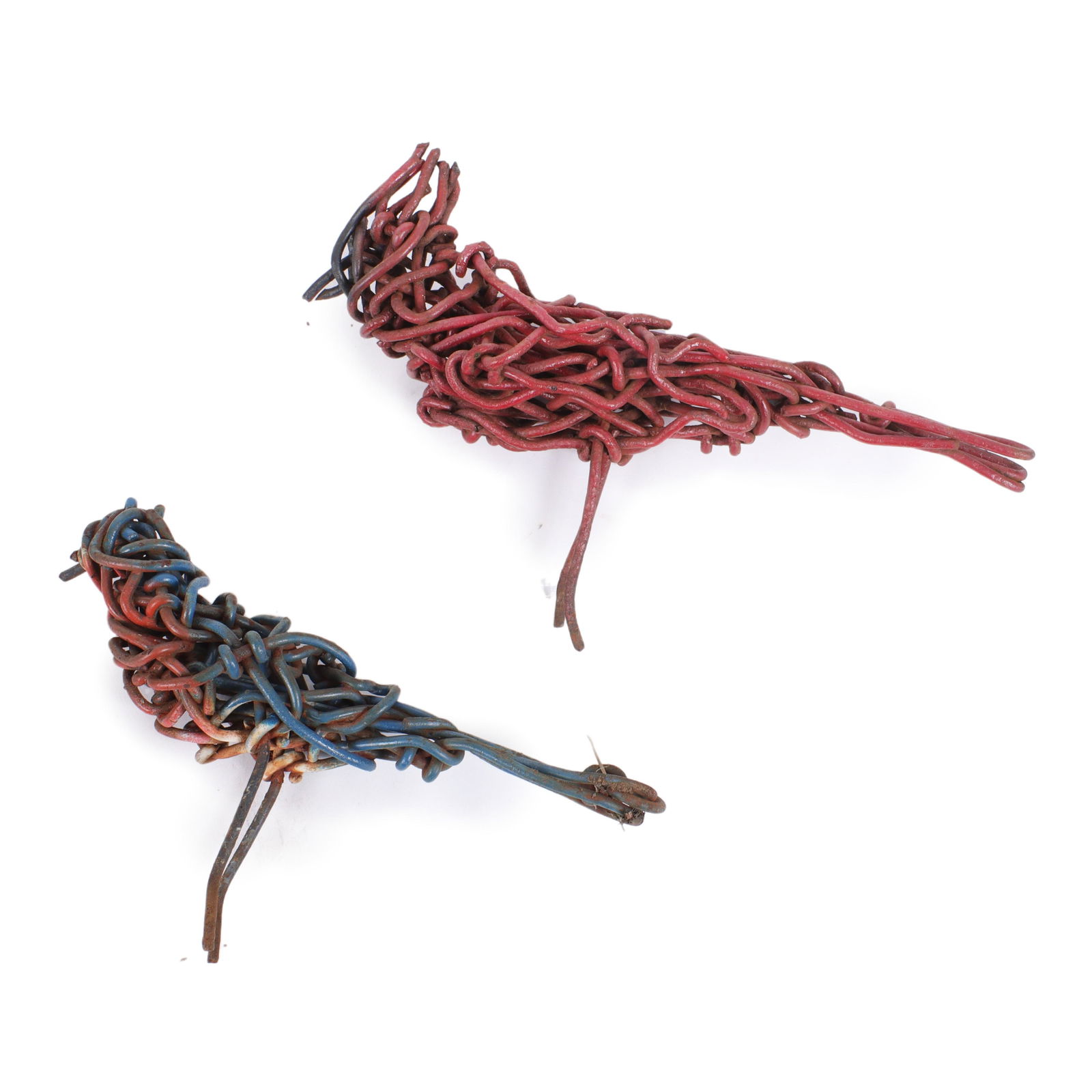 Two Bill Arnold "Wireman" twisted & painted fence wire bird sculptures: bluebird and cardinal 6"H x (1 of 7)