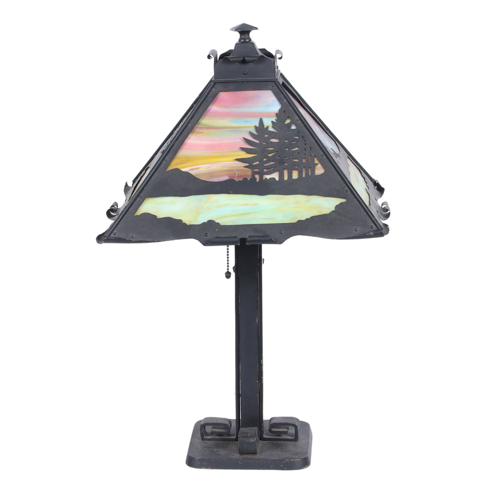 Arts & Crafts Wrought Iron Scenic overlay slag glass table lamp with four panel sunset slag glass (1 of 12)