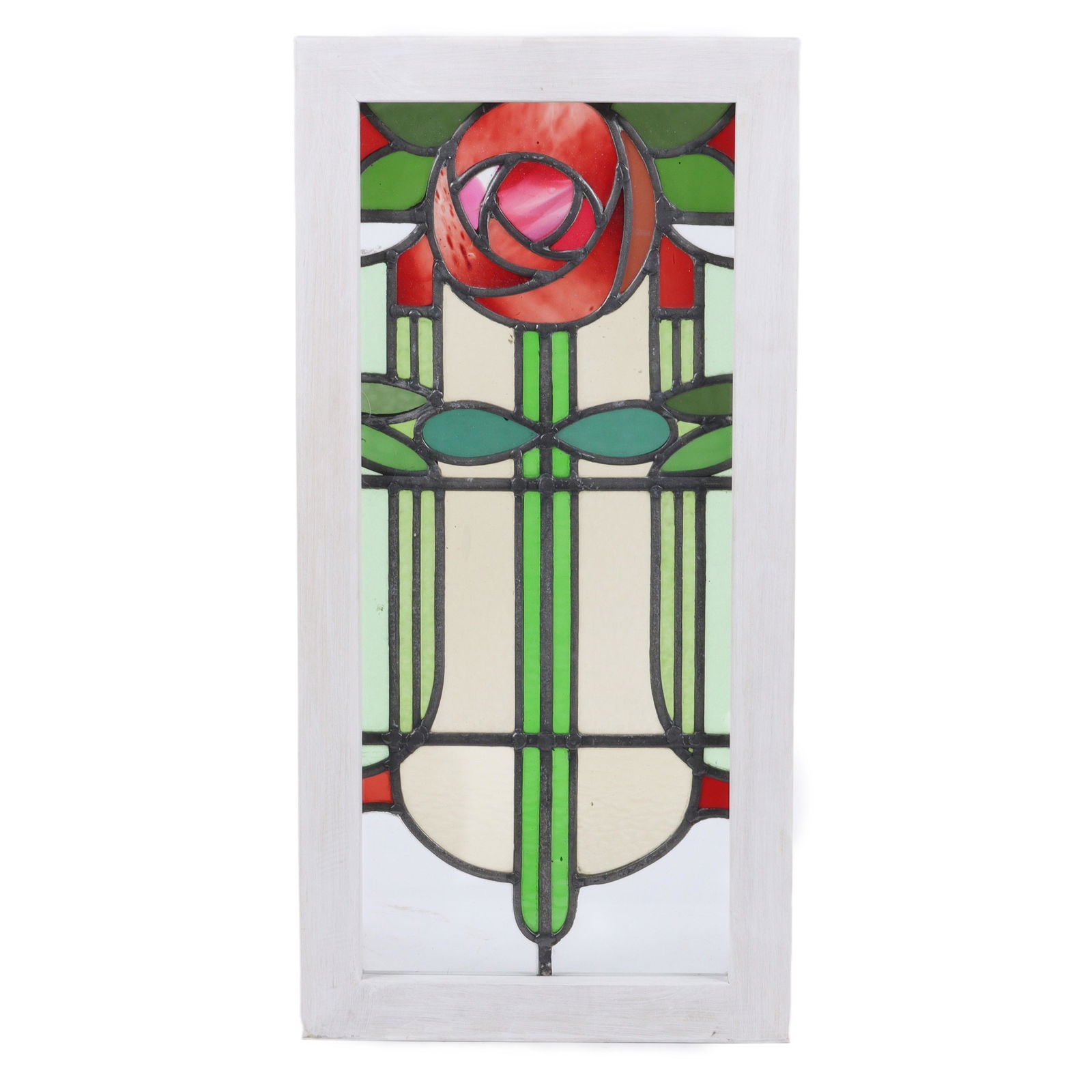 Period early 20th Century Arts and Crafts stained glass window with red Mackintosh Rose rosette (1 of 5)