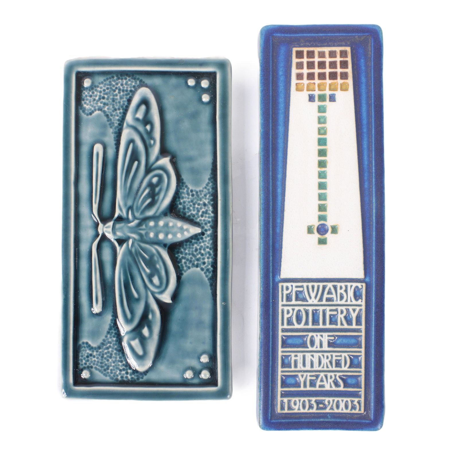 Two Arts & Crafts style tiles: Pewabic Pottery commemorative and Hammond Bay glazed moth. 8 3/4"H x (1 of 8)