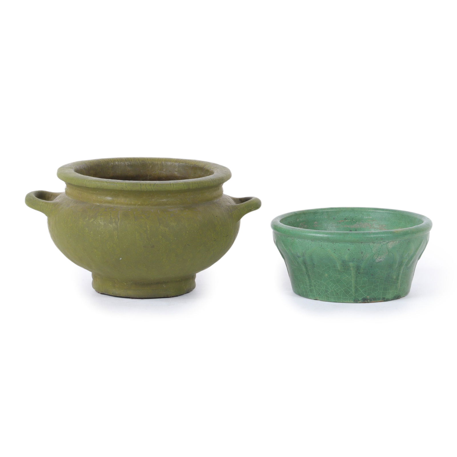 Two matte green glazed Arts & Crafts pottery bowls: small Pewabic bowl with heart flowers 3 1/2"H x (1 of 11)