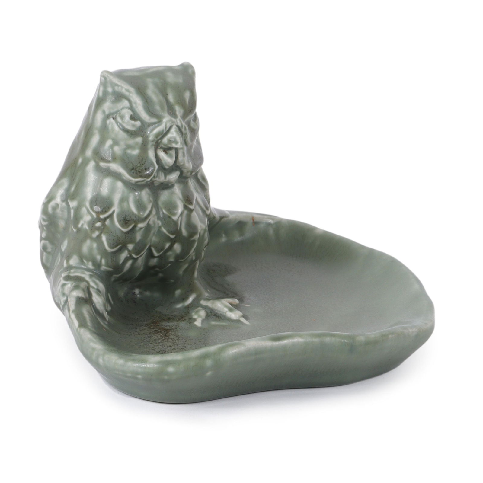 Rookwood owl tray #1084 with green matte glaze, 1922. 4 1/4"H x 6 1/2"W x 6"D: Rookwood owl tray #1084 with green matte glaze, 1922. 4 1/4"H x 6 1/2"W x 6"D