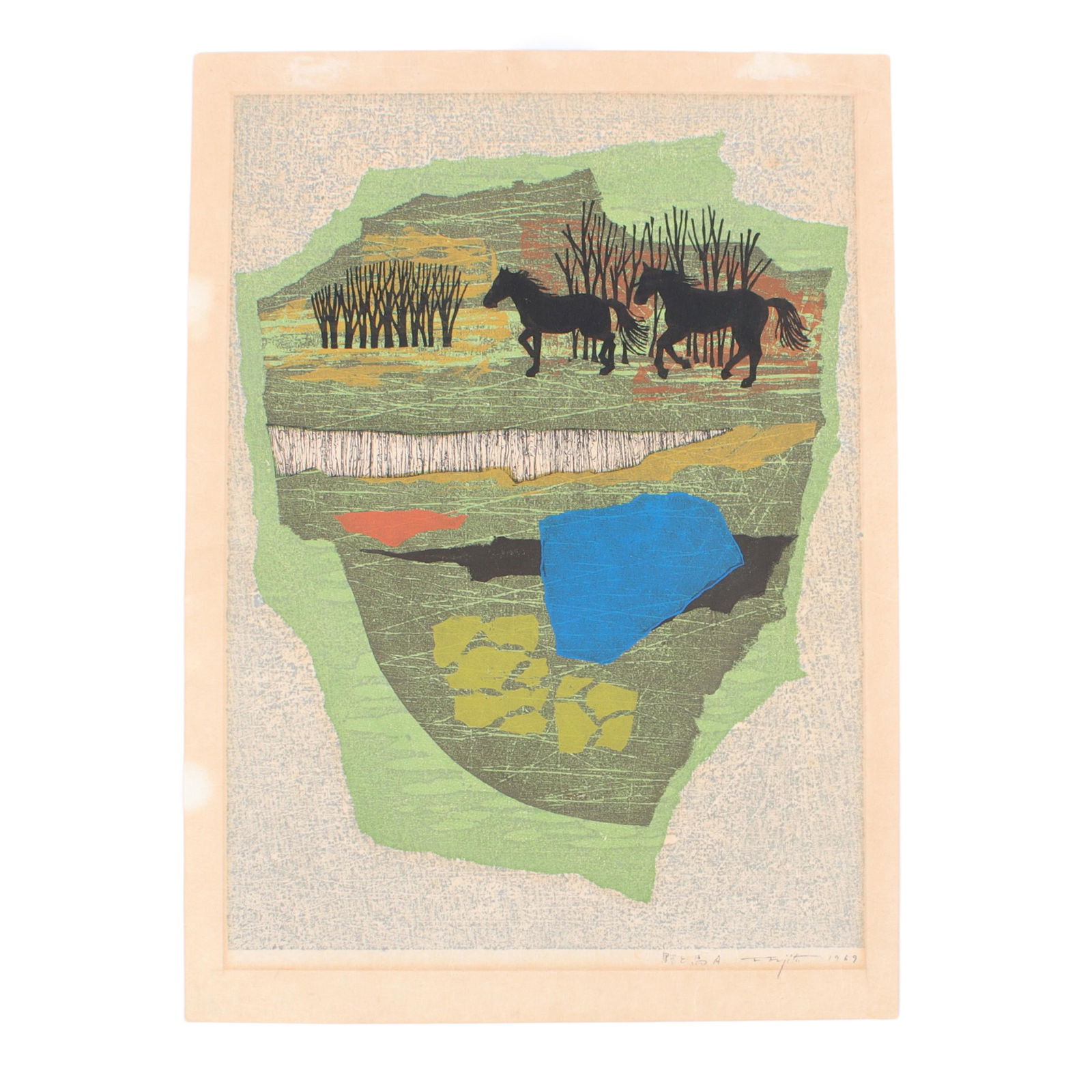 Fumio Fujita, Japanese (b.1933), untitled, 1969, woodblock print, 16 7/8"H x 12 1/4"W: Fumio Fujita Japanese (b.1933) untitled, 1969 woodblock print Signed and dated lower right. Biography from Fuji Arts Japanese Prints: One of Japan's most well-known contemporary sosaku hanga artists,