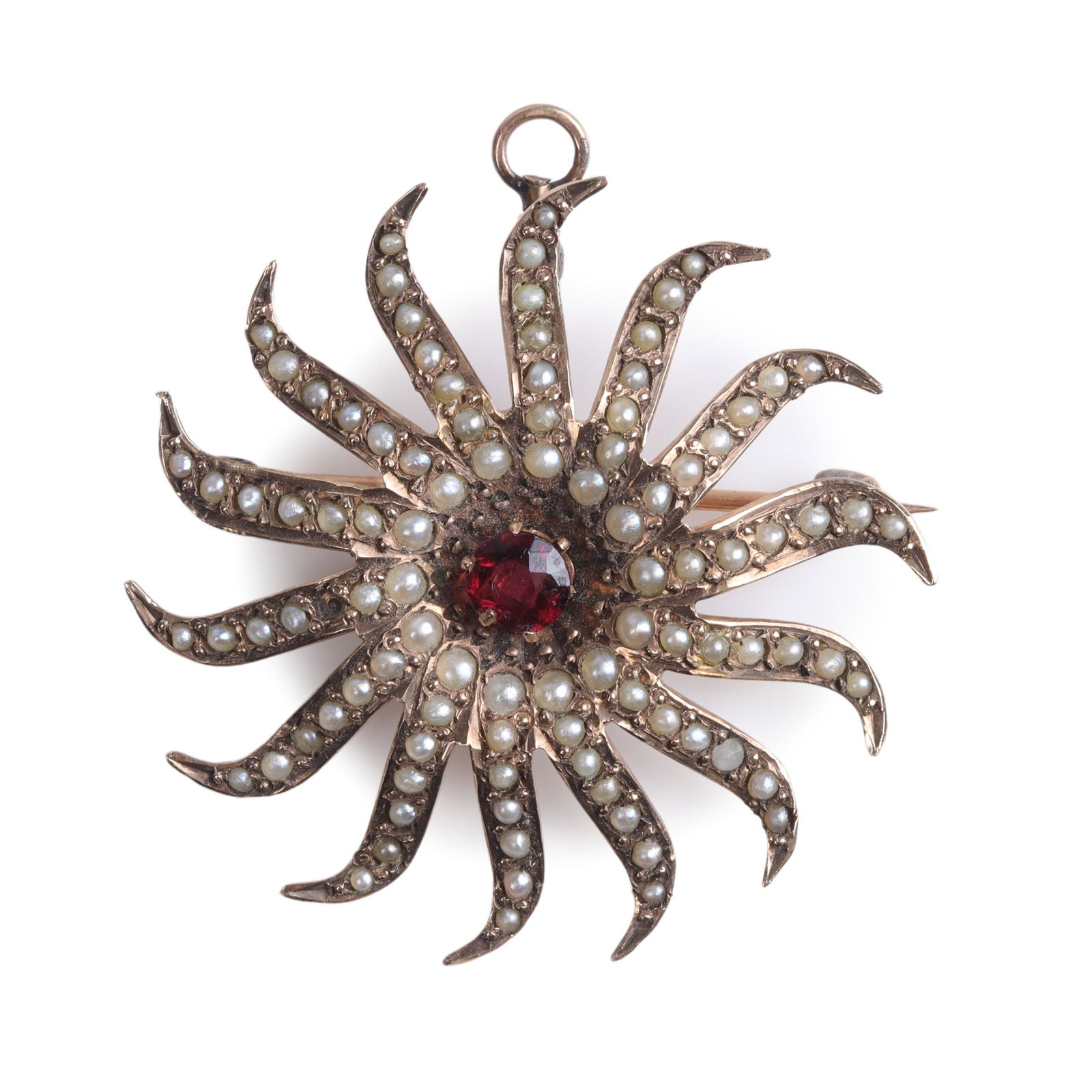 Antique Victorian large yellow gold starburst pin pendant studded with seed pearls and center (1 of 4)